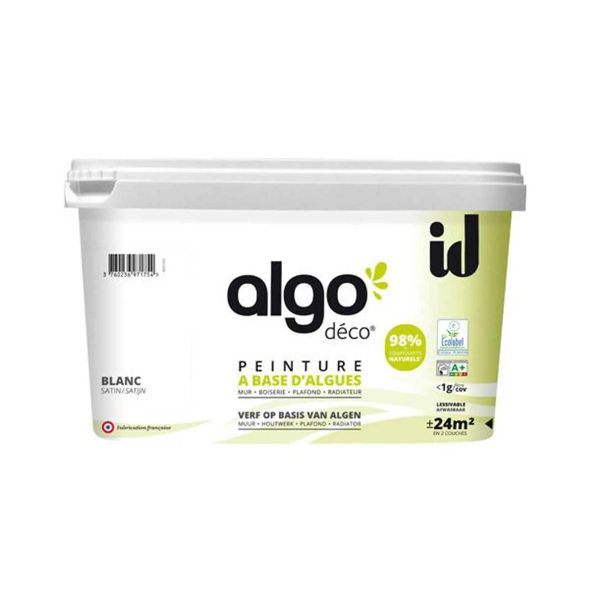 Peinture Algo bio sourcée multi-supports murs, plafonds et boiseries blanc satin 2L