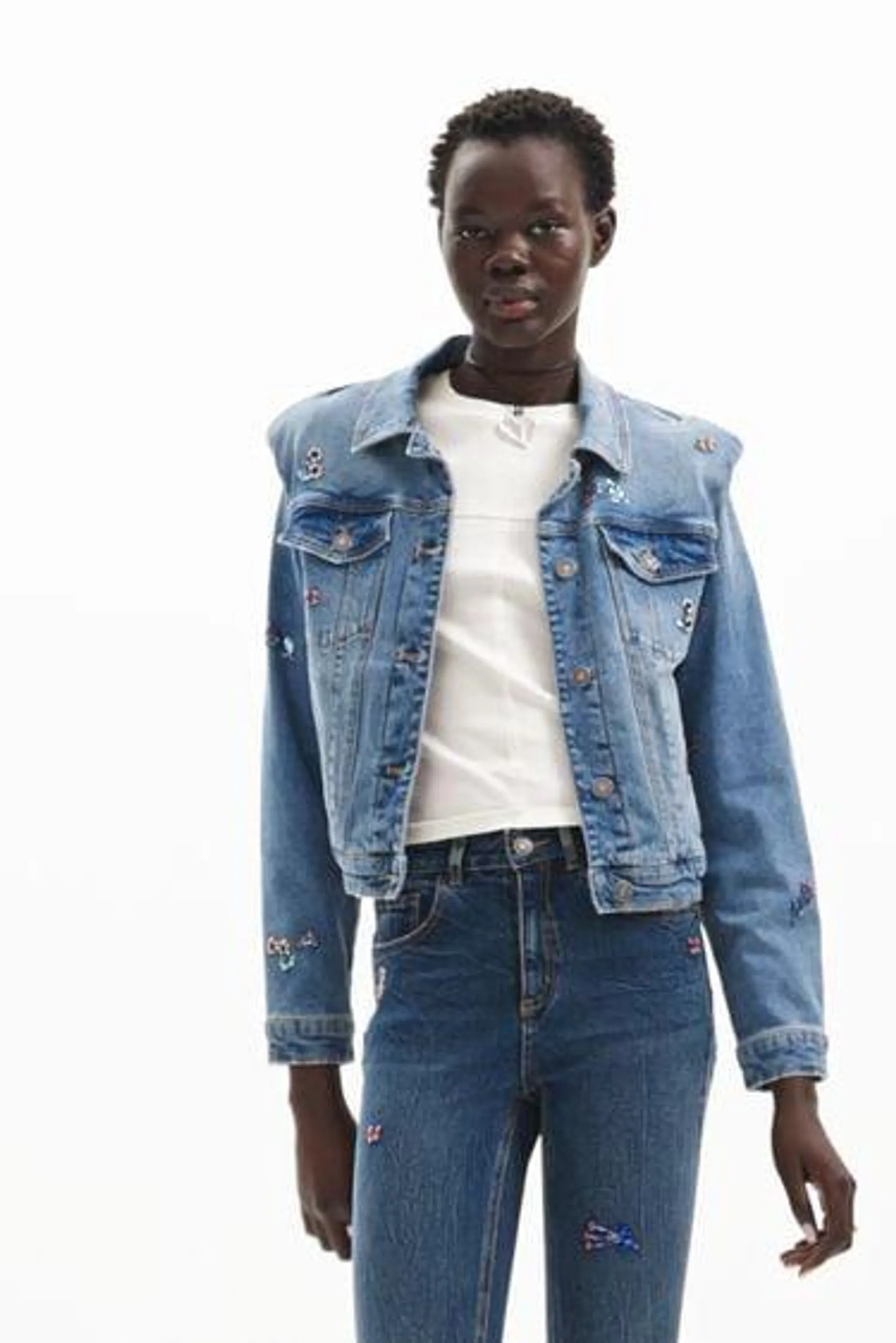 Veste trucker jean fleurs