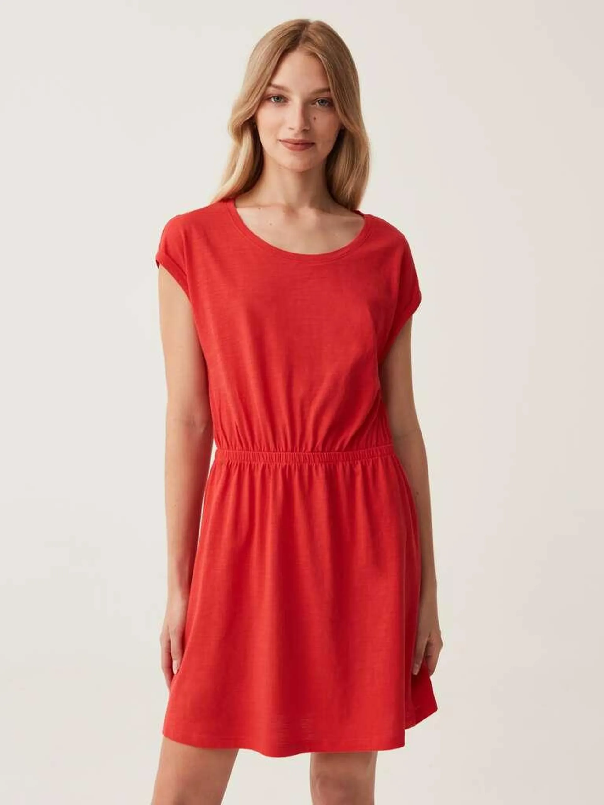 Short dress in slub cotton Rouge géranium