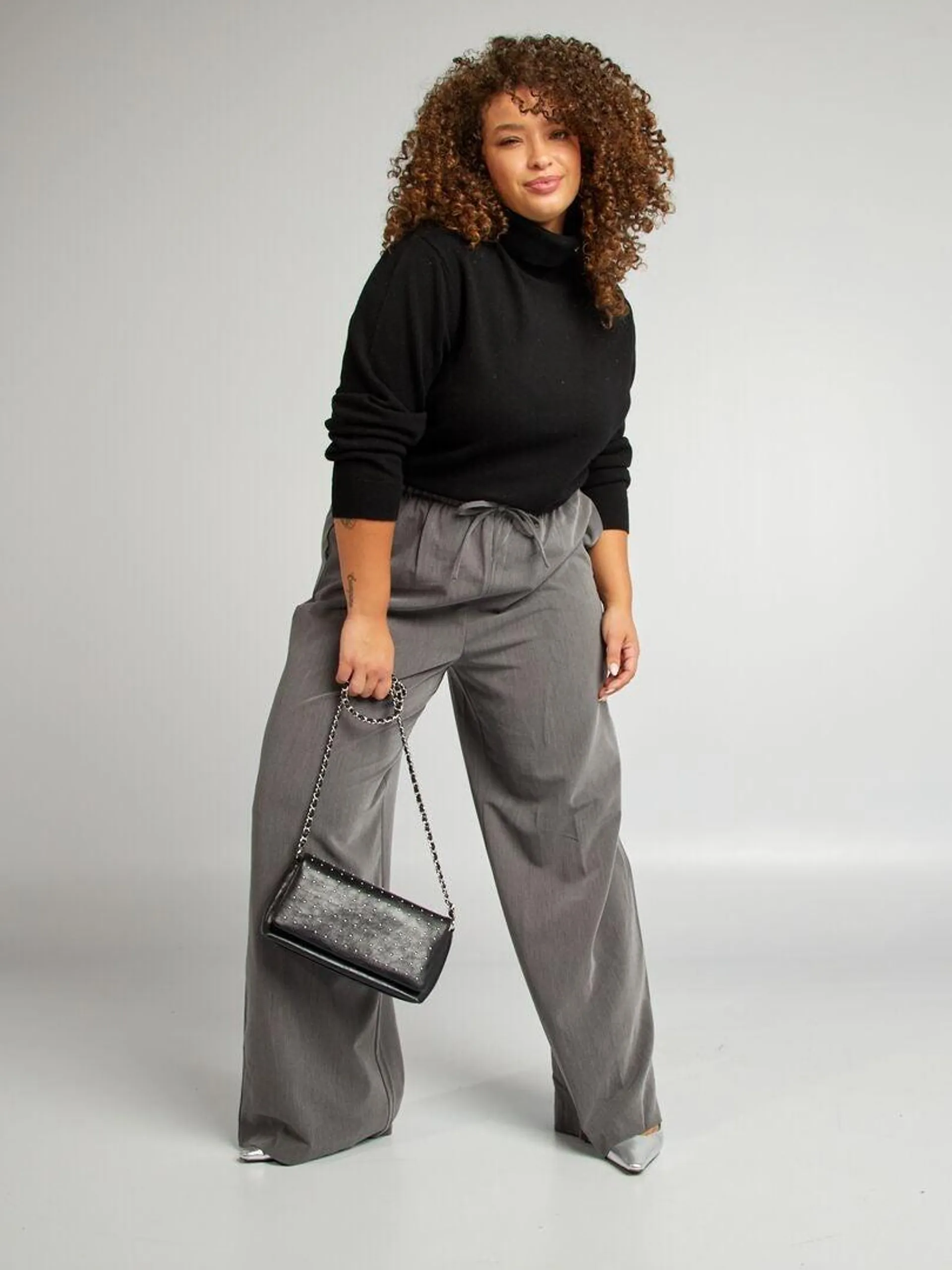 Pantalon large à taille élastiquée - Gris