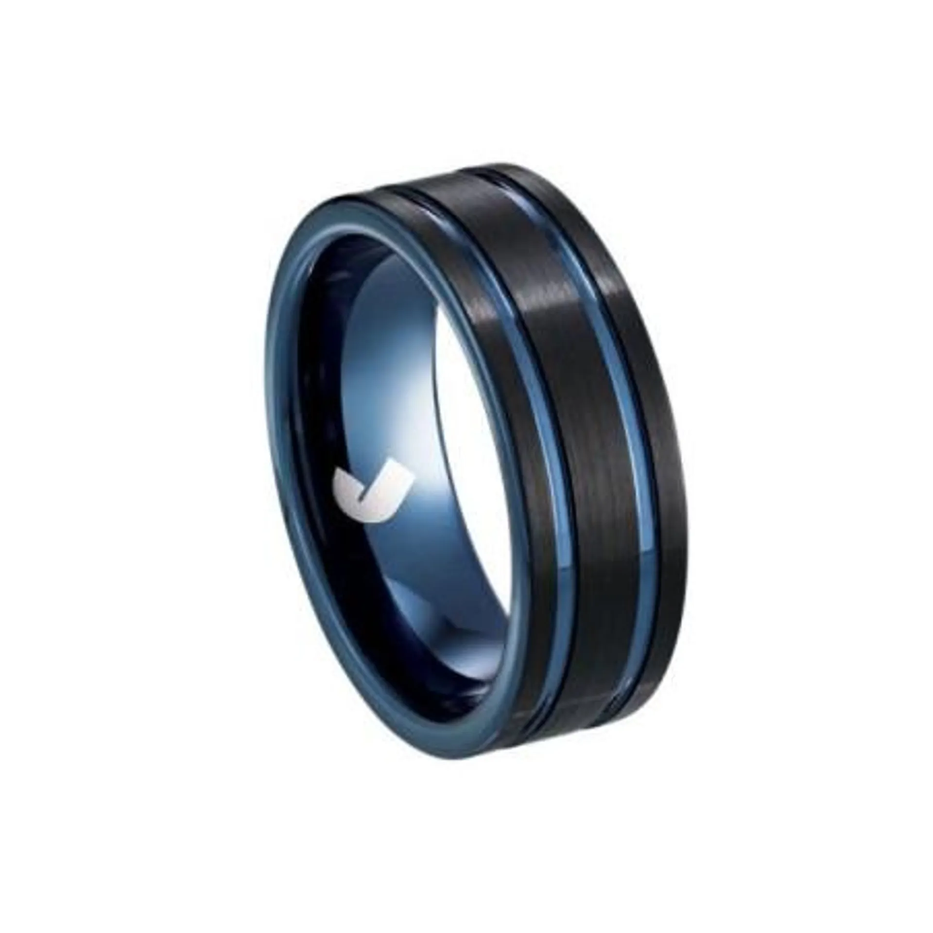 Bague Homme Jourdan en acier noir et double liseré bleu