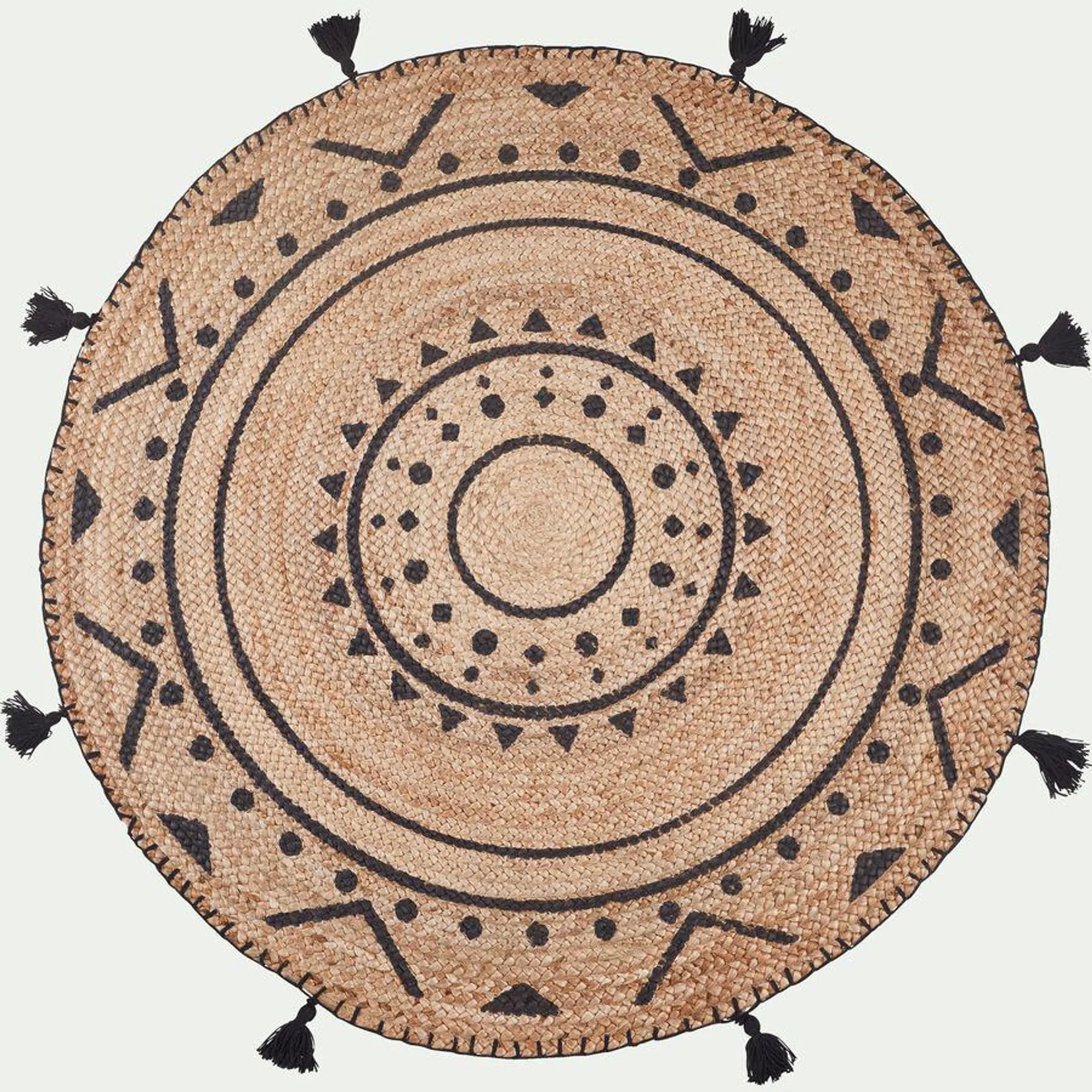 Tapis en jute rond à motifs ethniques pompons - gris D120cm
