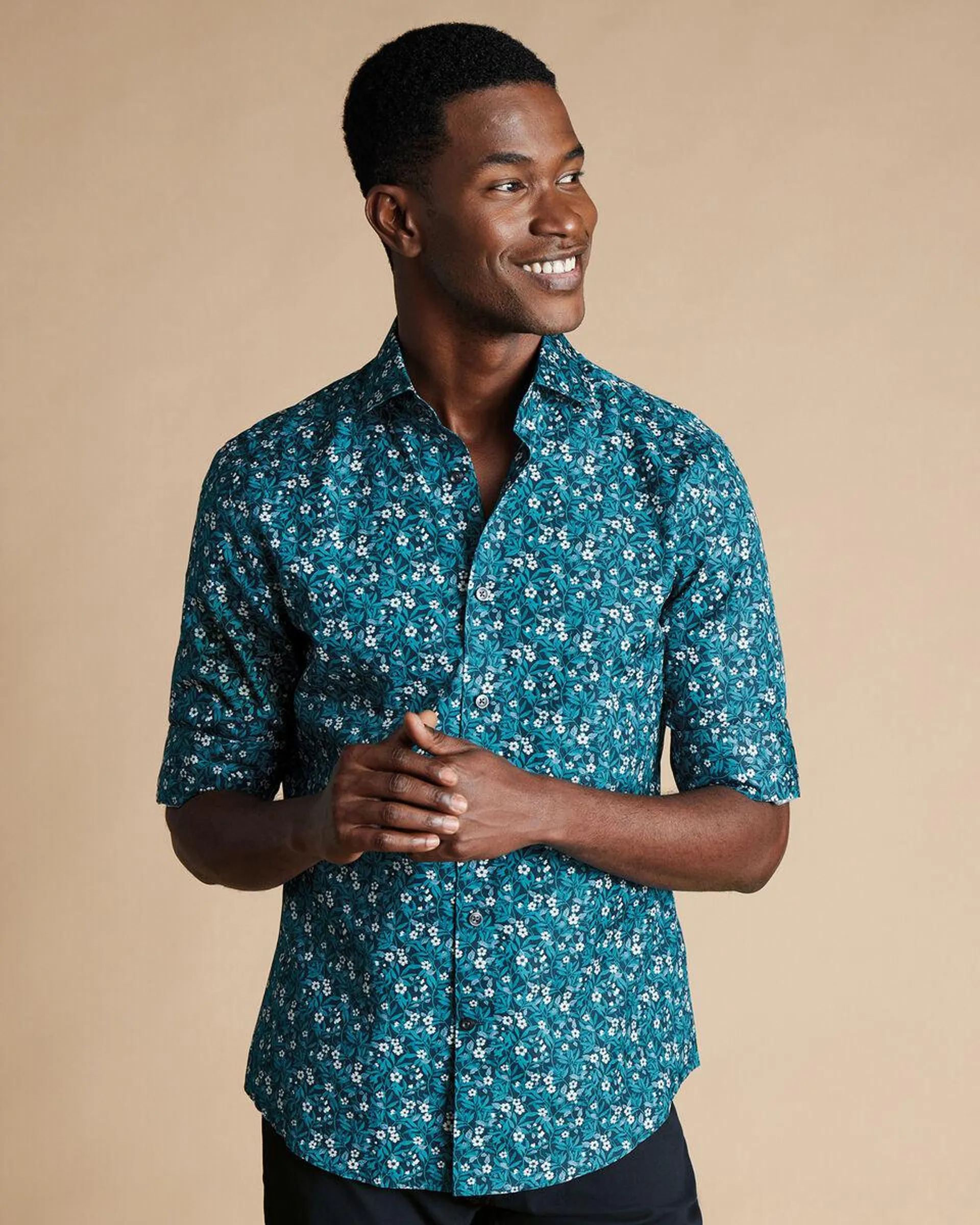 details about product: Made with Liberty Fabric Semi-Cutaway Collar Floral Print Shirt - Atlantic Green