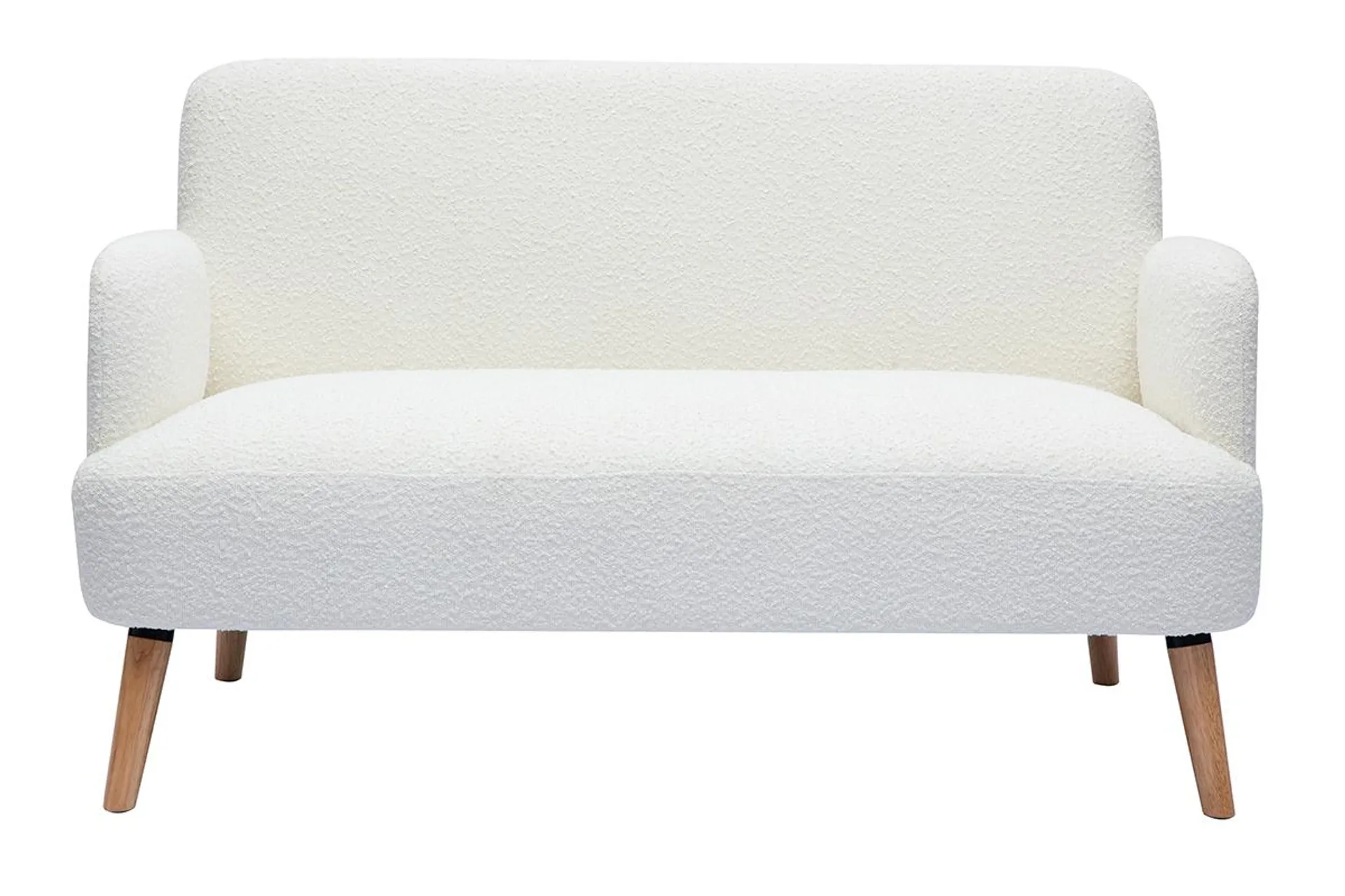 Canapé scandinave 2 places en tissu effet laine bouclée blanc et bois clair ISKO