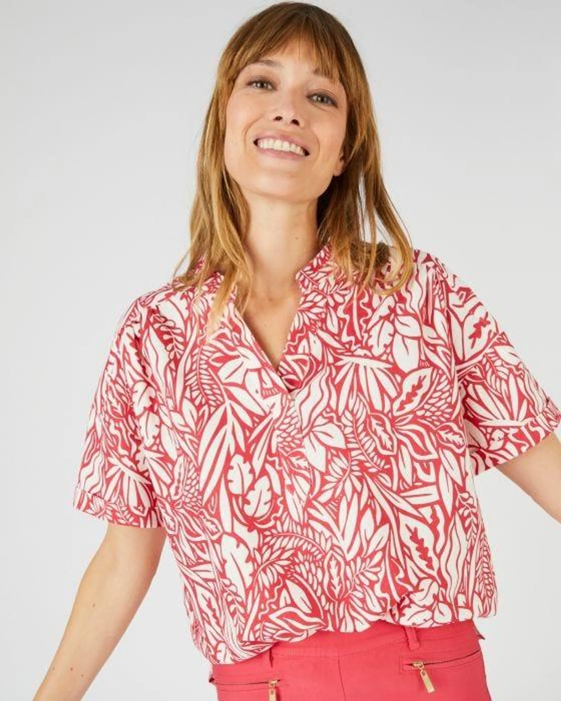 Blouse mélange lin feuillage