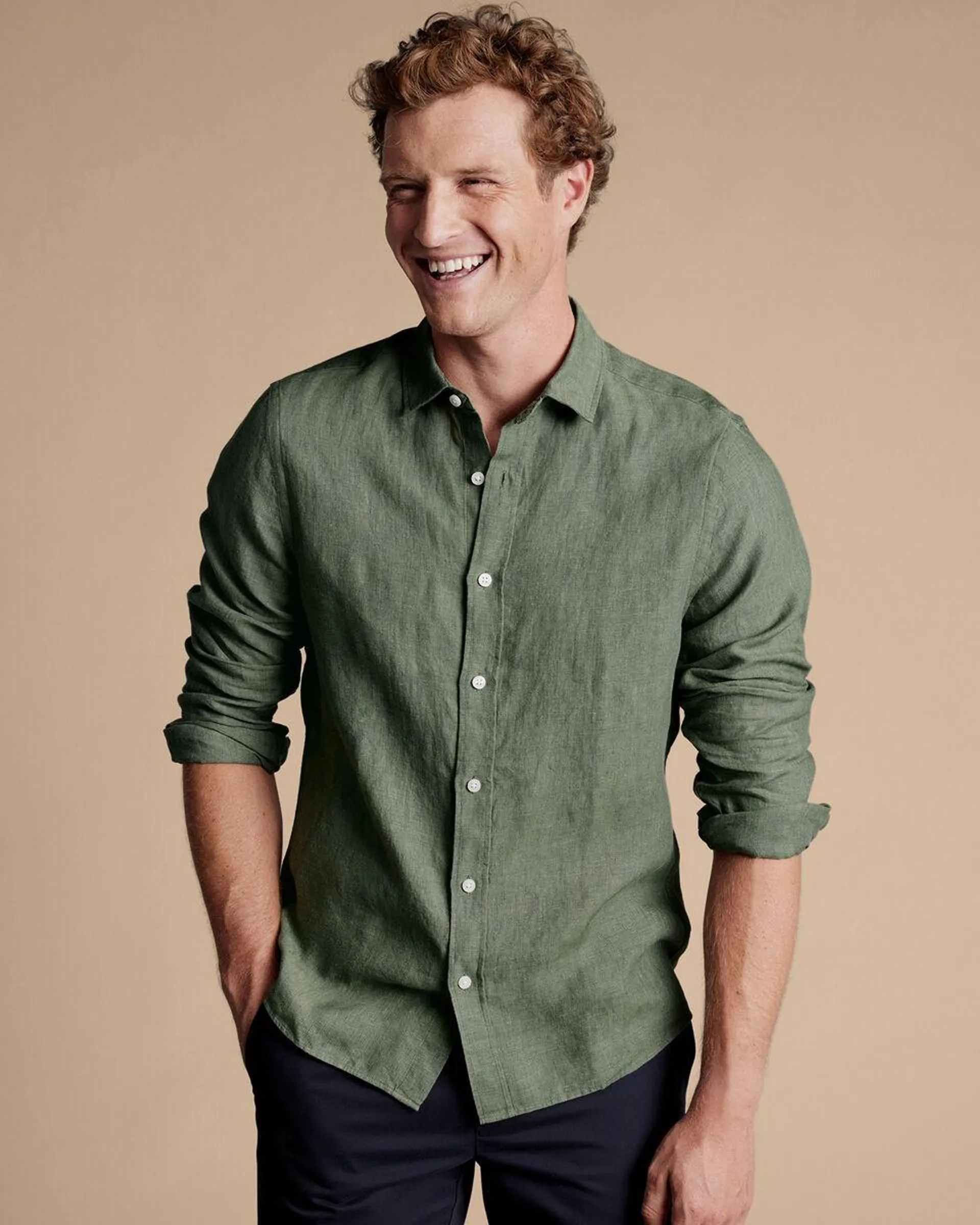 details about product: Pure Linen Shirt - Olive Green