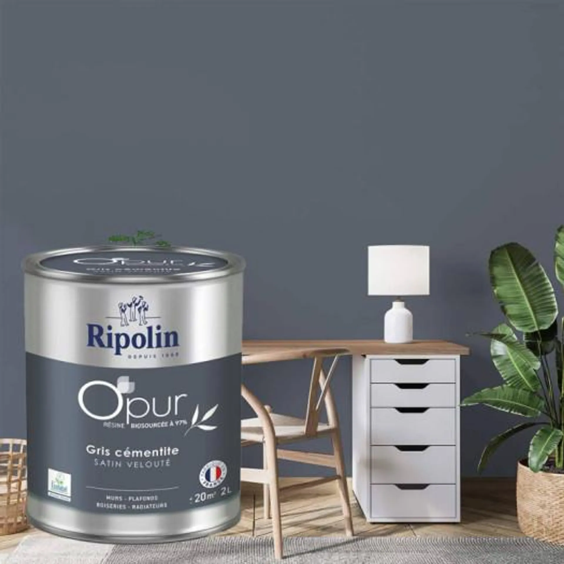 Peinture RIPOLIN Opur bio sourcée multi-supports gris cémentite satin 2L