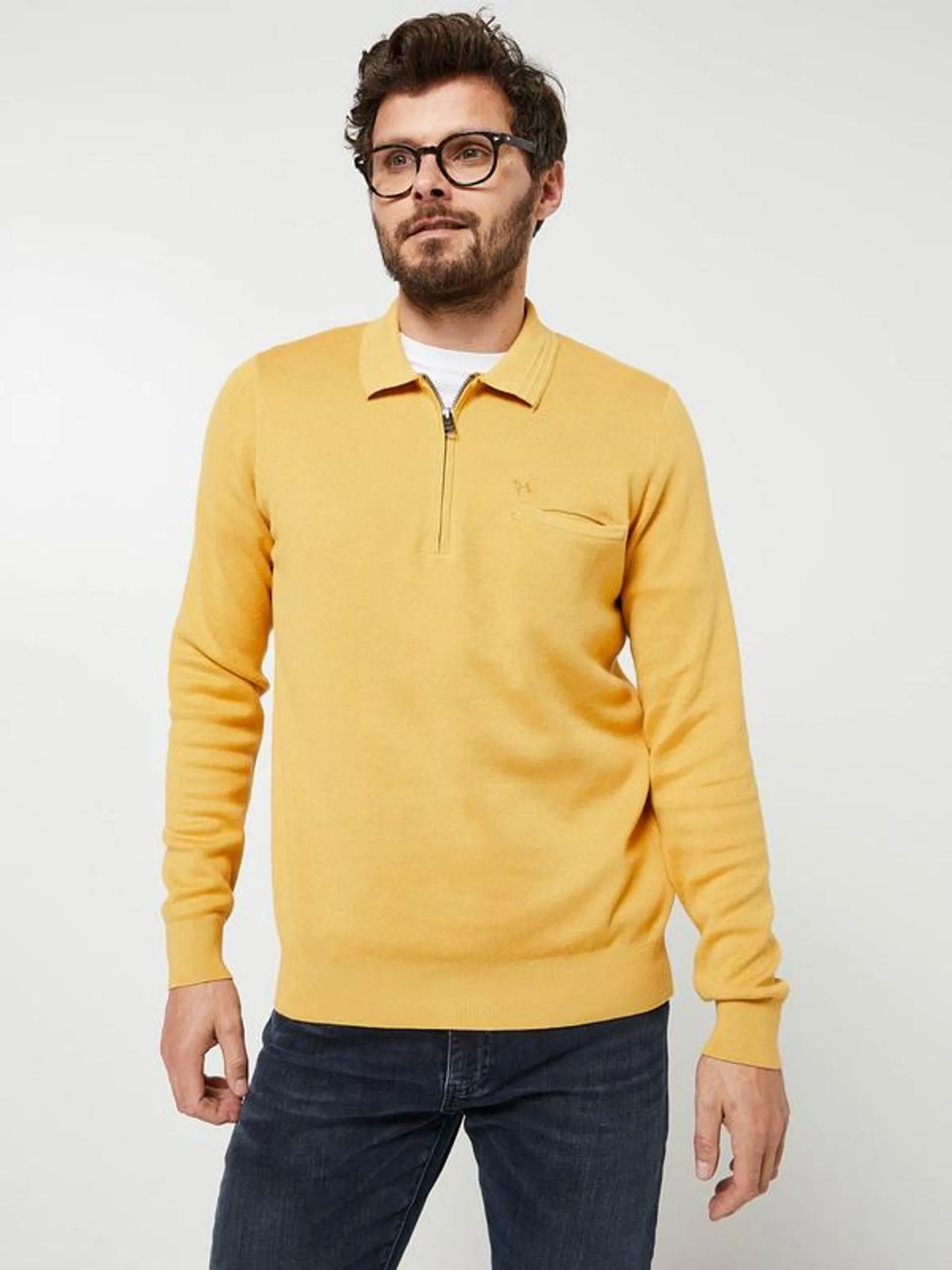 Pull Col Polo Zippé - Jaune moutarde