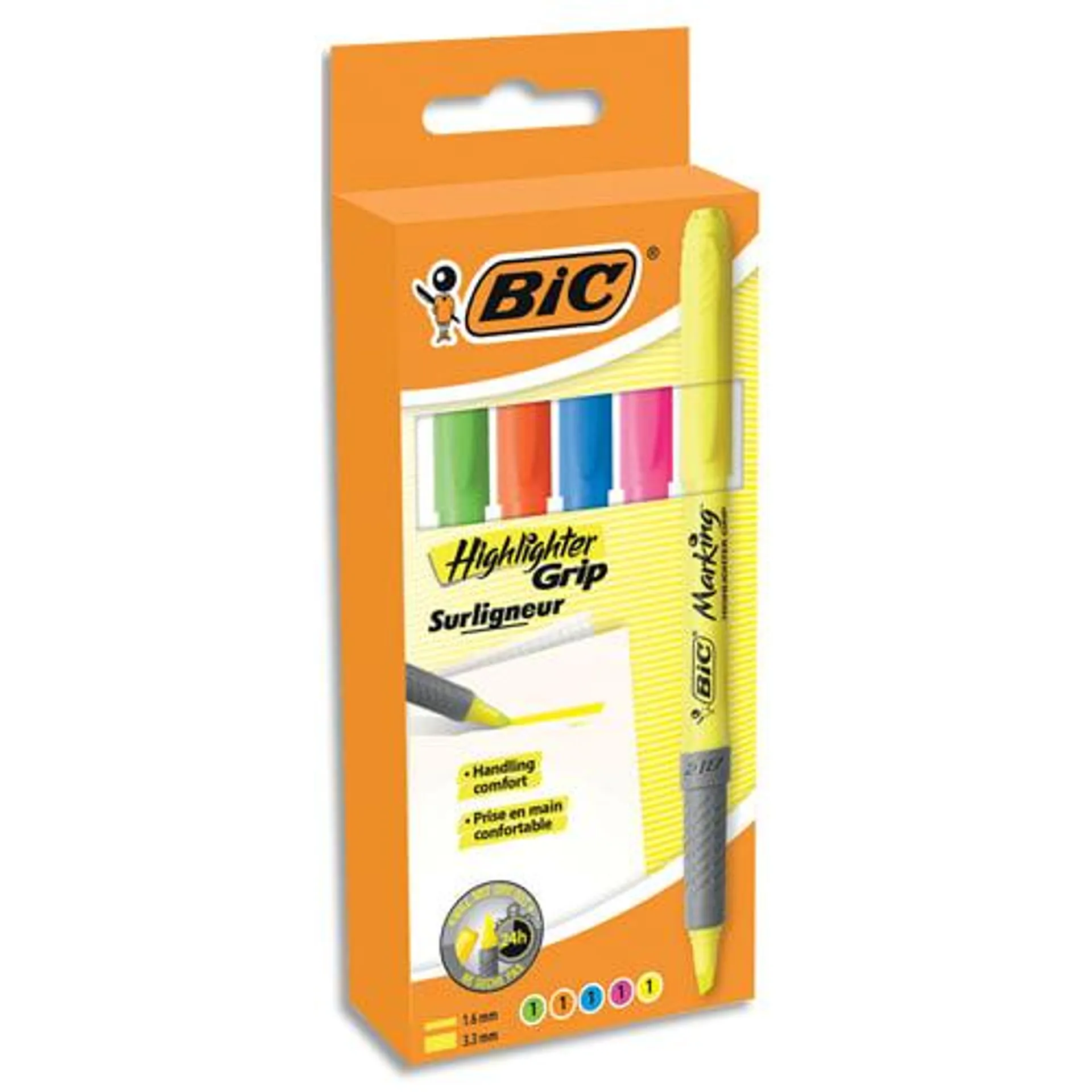 BIC Highlighter Grip Surligneurs Pointe Biseautée - Couleurs Fluo Assorties, Etui Carton de 5