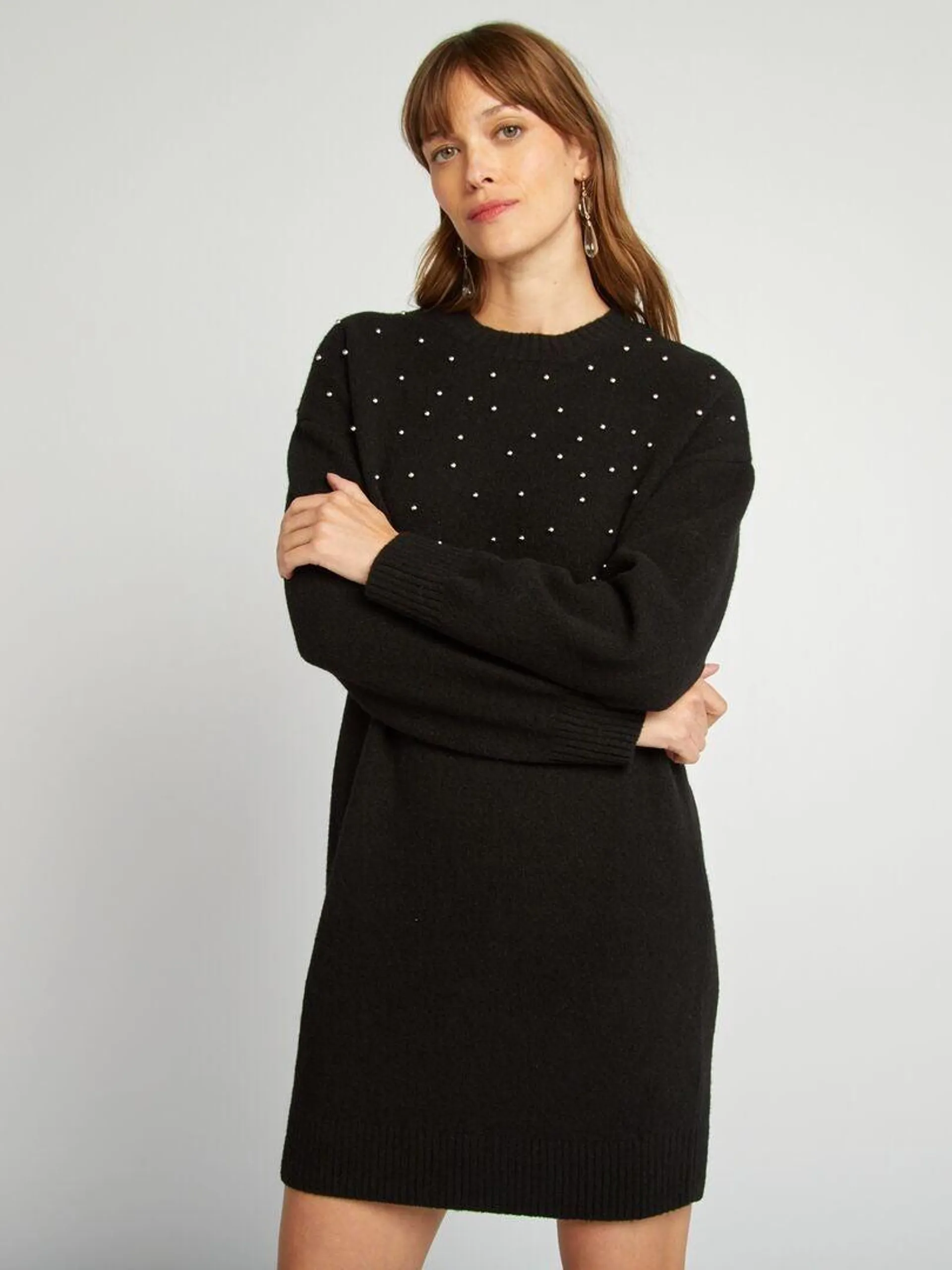 Robe pull en maille avec perles - noir