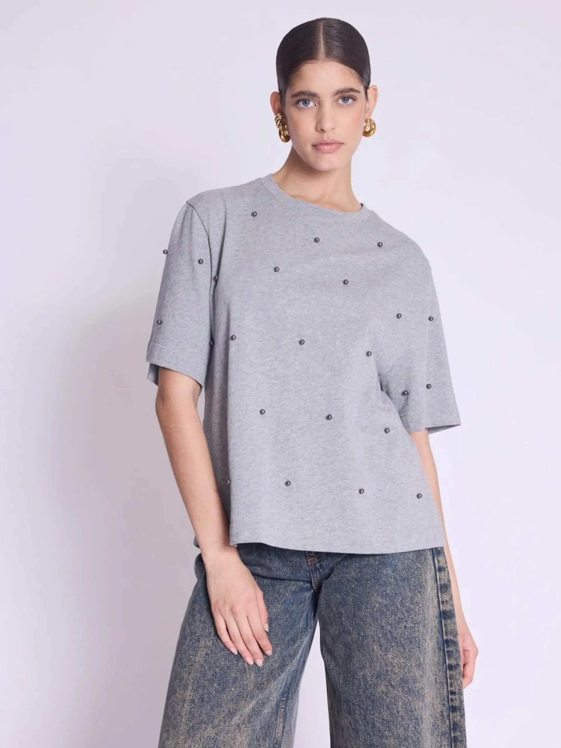 T-shirt ENZO | T-shirt gris oversize à perles