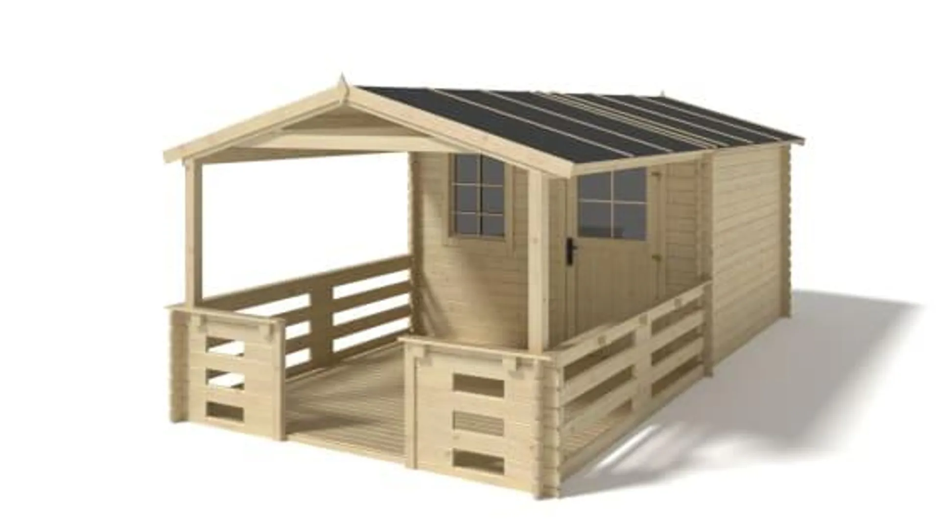 Abri de jardin en bois - 3x2 m - 15 m2 + terrasse avec balustrade et avant-toit en bois - DOM472+DOM394+DOM395+POD04