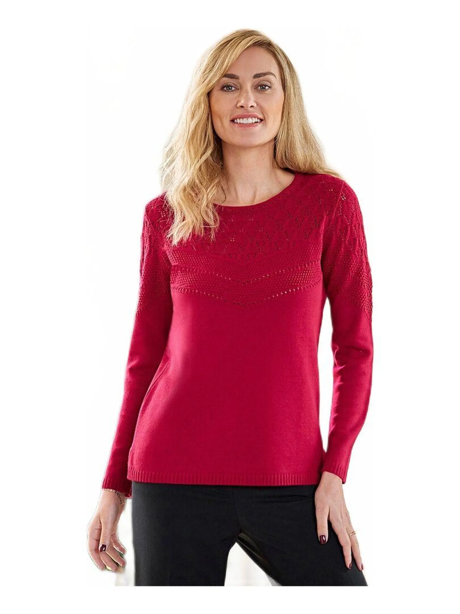 Pull maille fantaisie ajourée - Rouge carmin