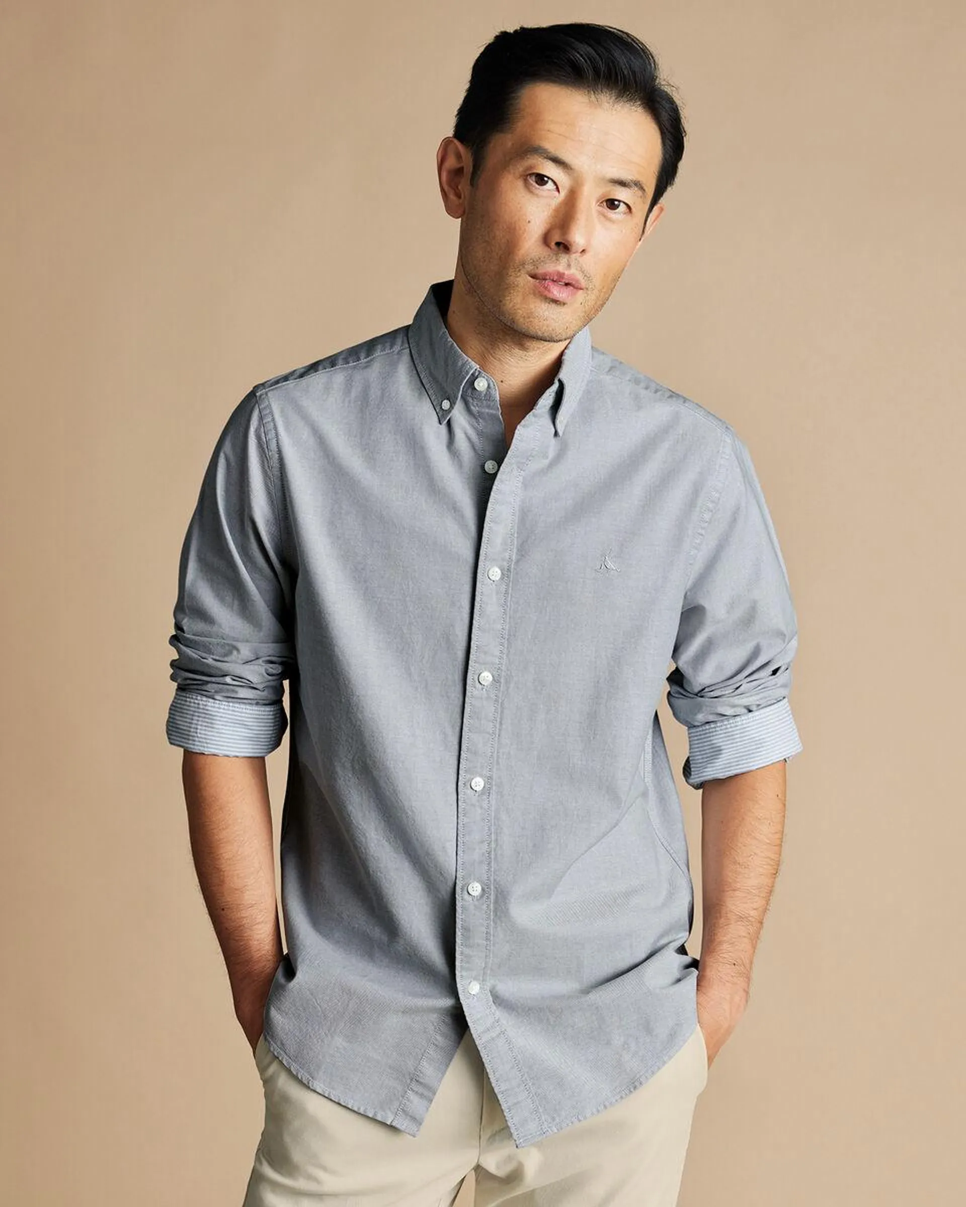 details about product: Button-Down Collar Stretch Washed Oxford Shirt - Light Grey