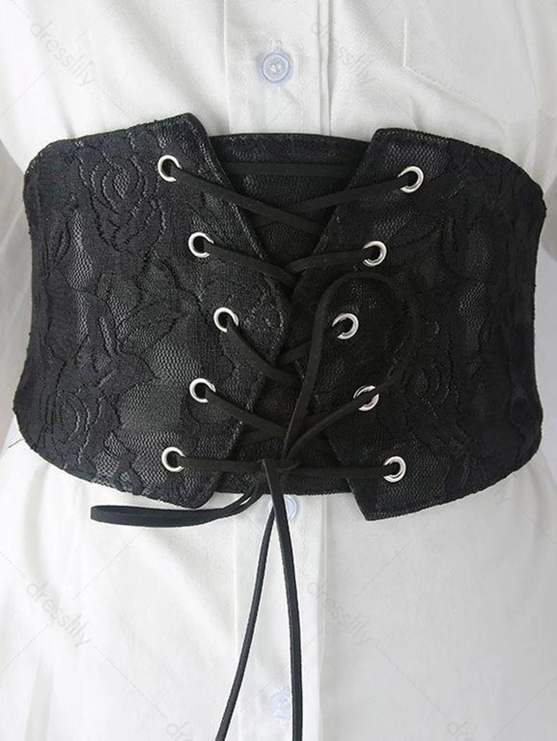 Ceinture Corset Large en Dentelle Florale de Couleur Unie