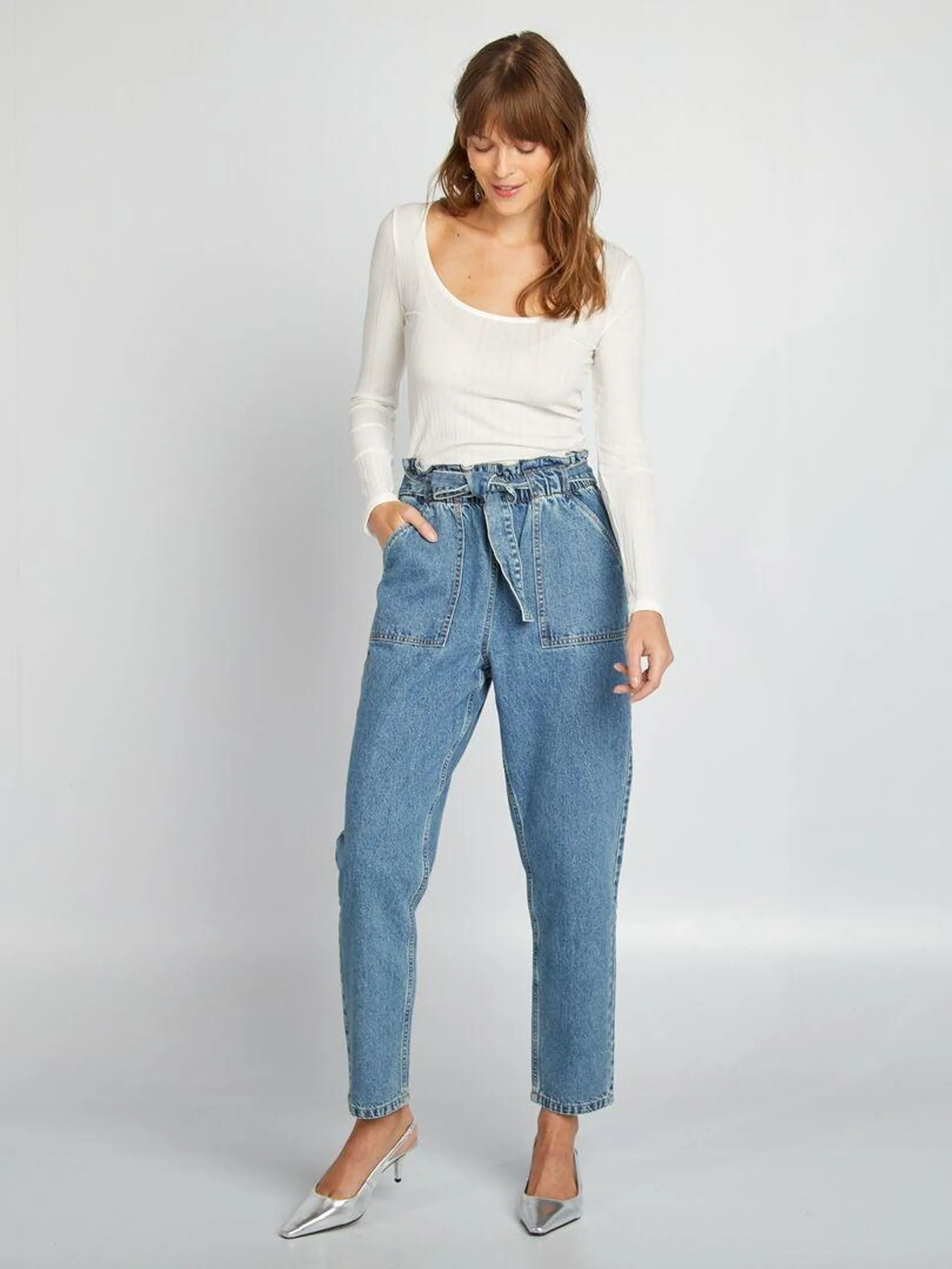 Pantalon denim mom avec ceinture à nouer - Brut