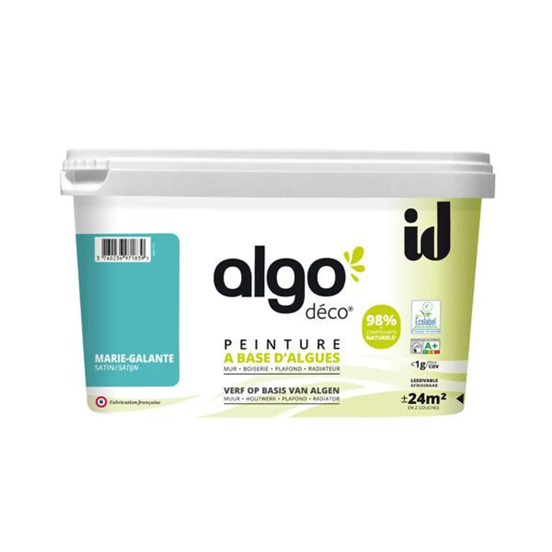 Peinture Algo bio sourcée multi-supports murs, plafonds et boiseries bleu marie-galante satin 2L