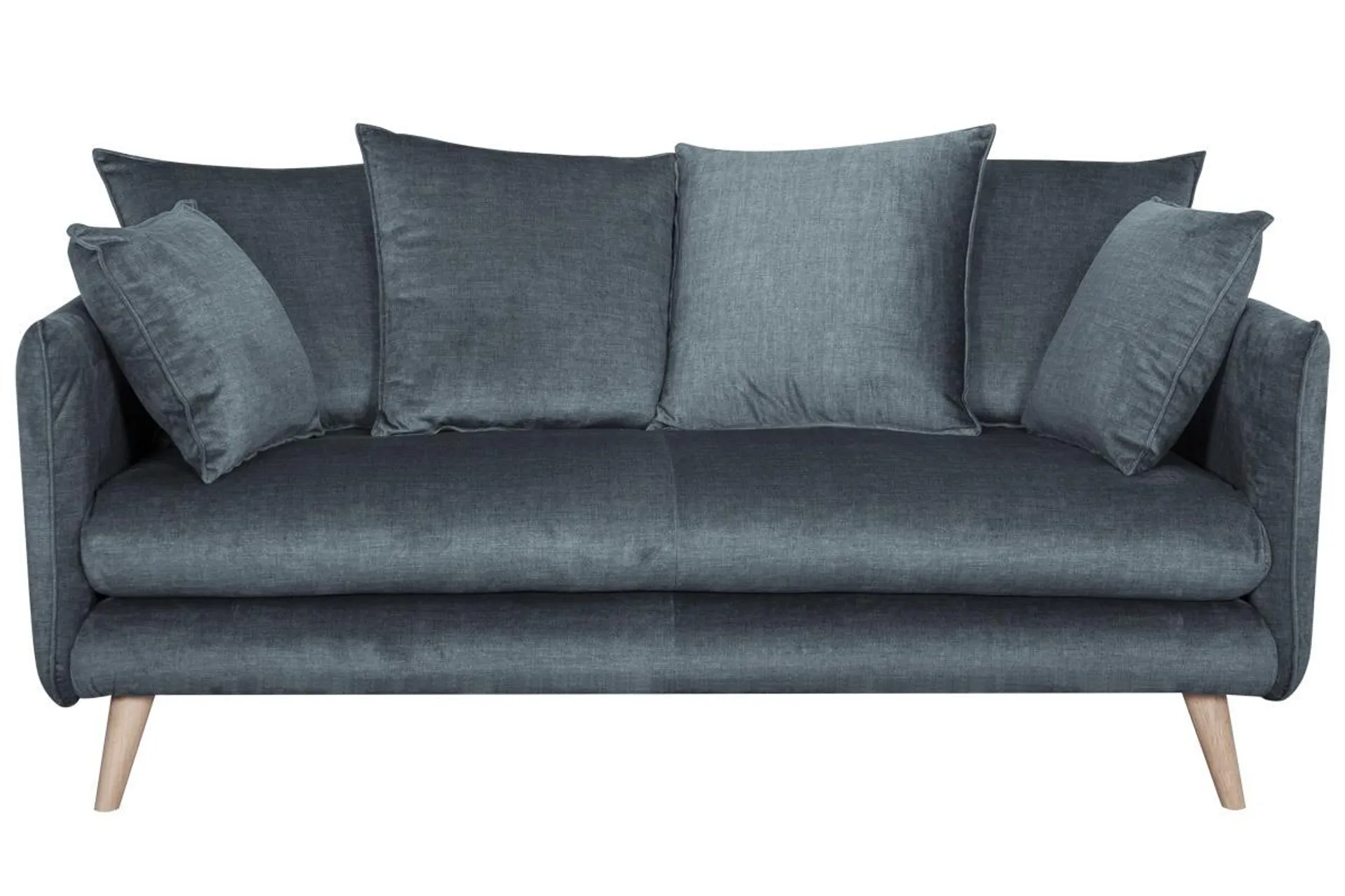 Canapé scandinave 3 places en tissu velours bleu gris et bois clair OLYMPIA