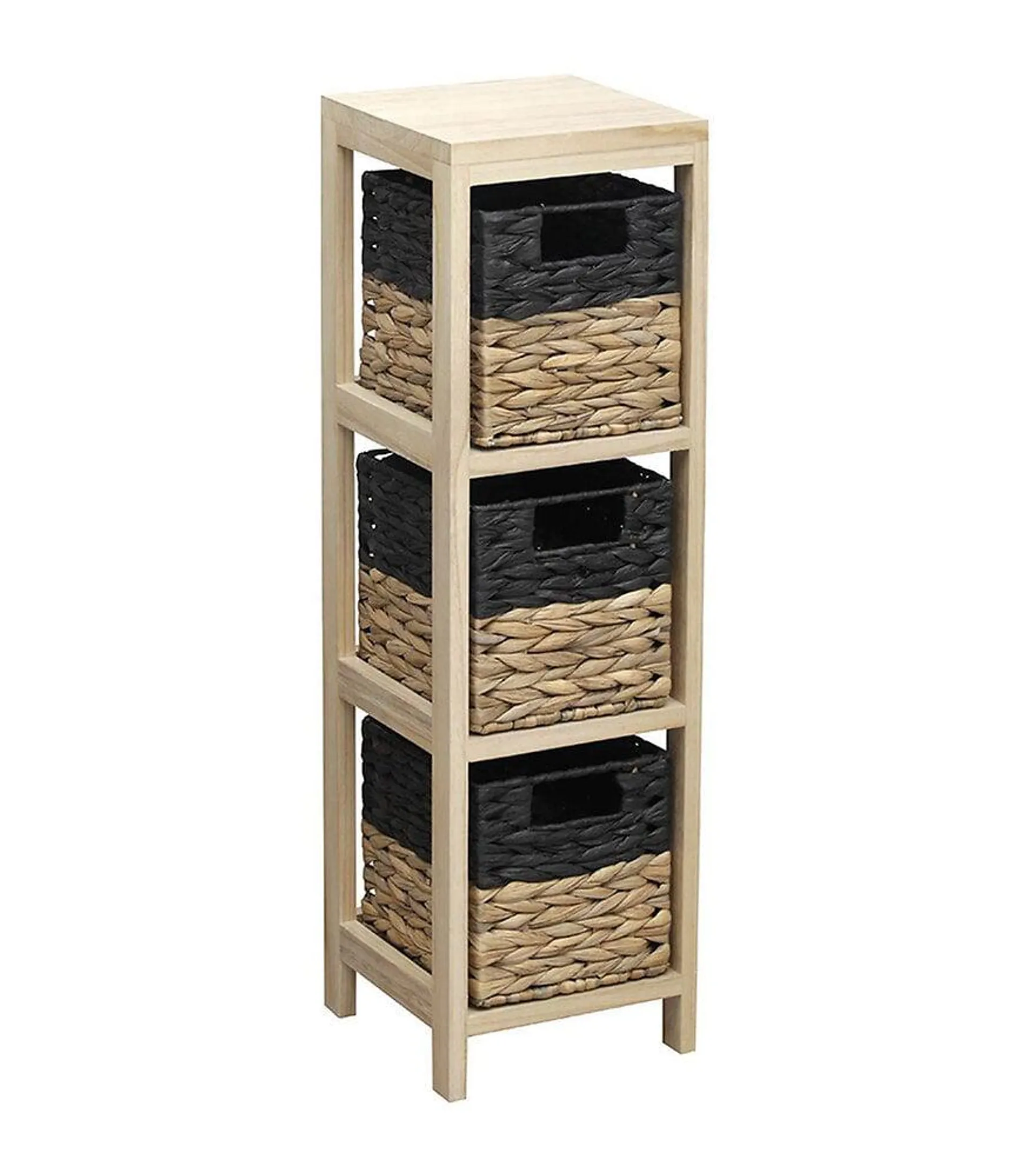 Meuble de rangement en Bois 3 Paniers tressés Noir et Naturel H 73.5 cm