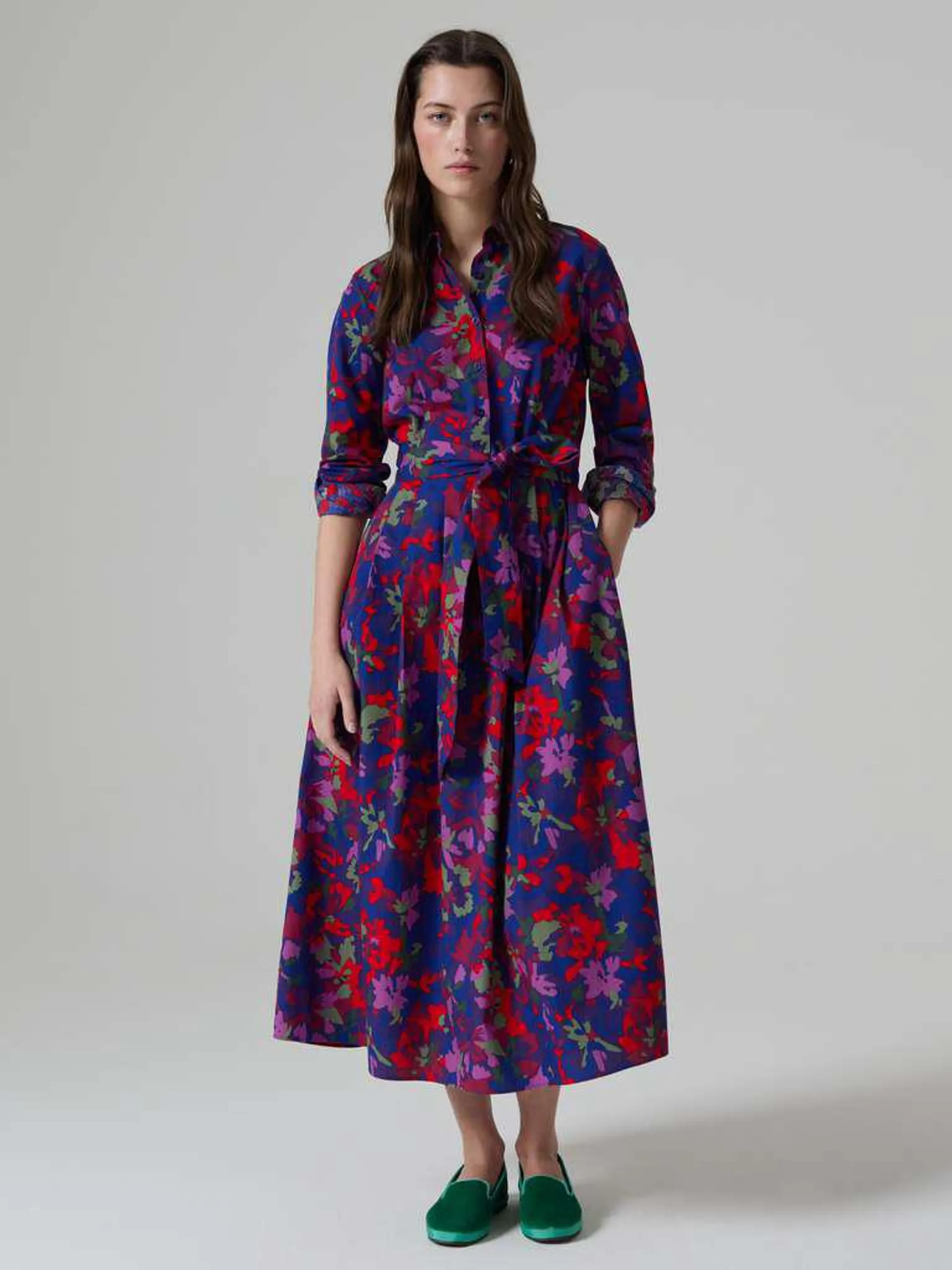 Vestido largo camisero con estampado floral Azul/rojo
