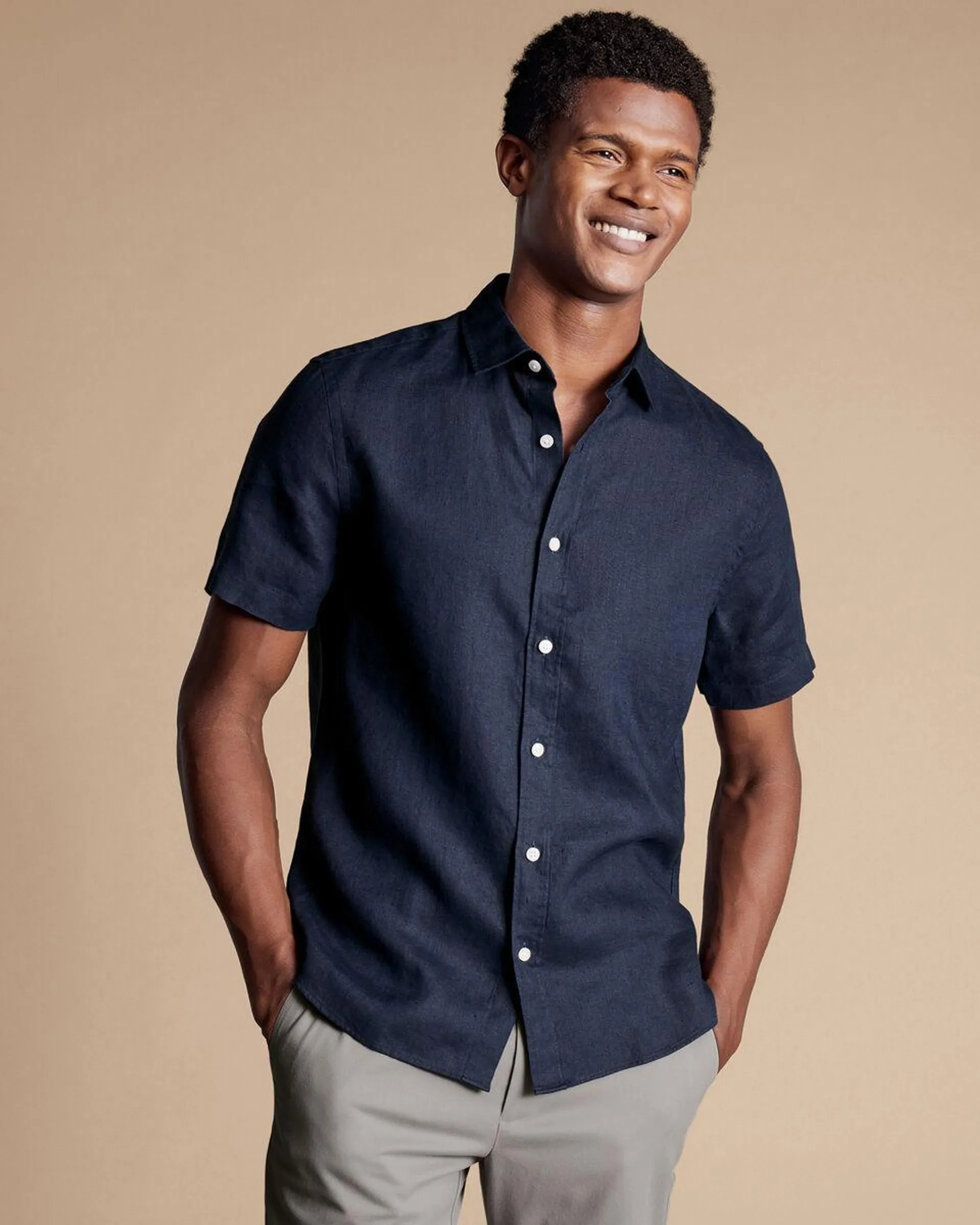 details about product: Pure Linen Short Sleeve Shirt - Navy