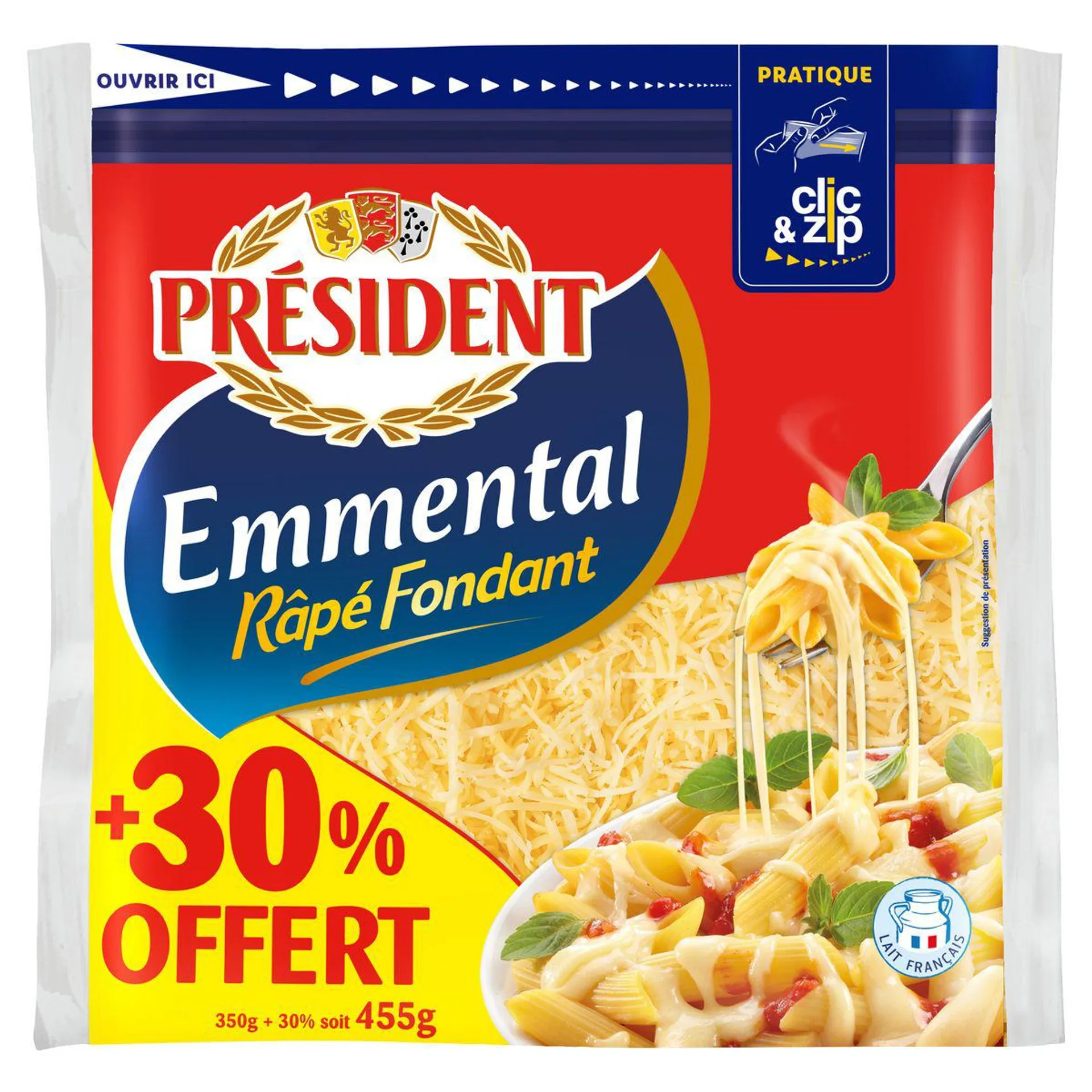 PRESIDENT Emmental râpé fondant 30% offert 455g