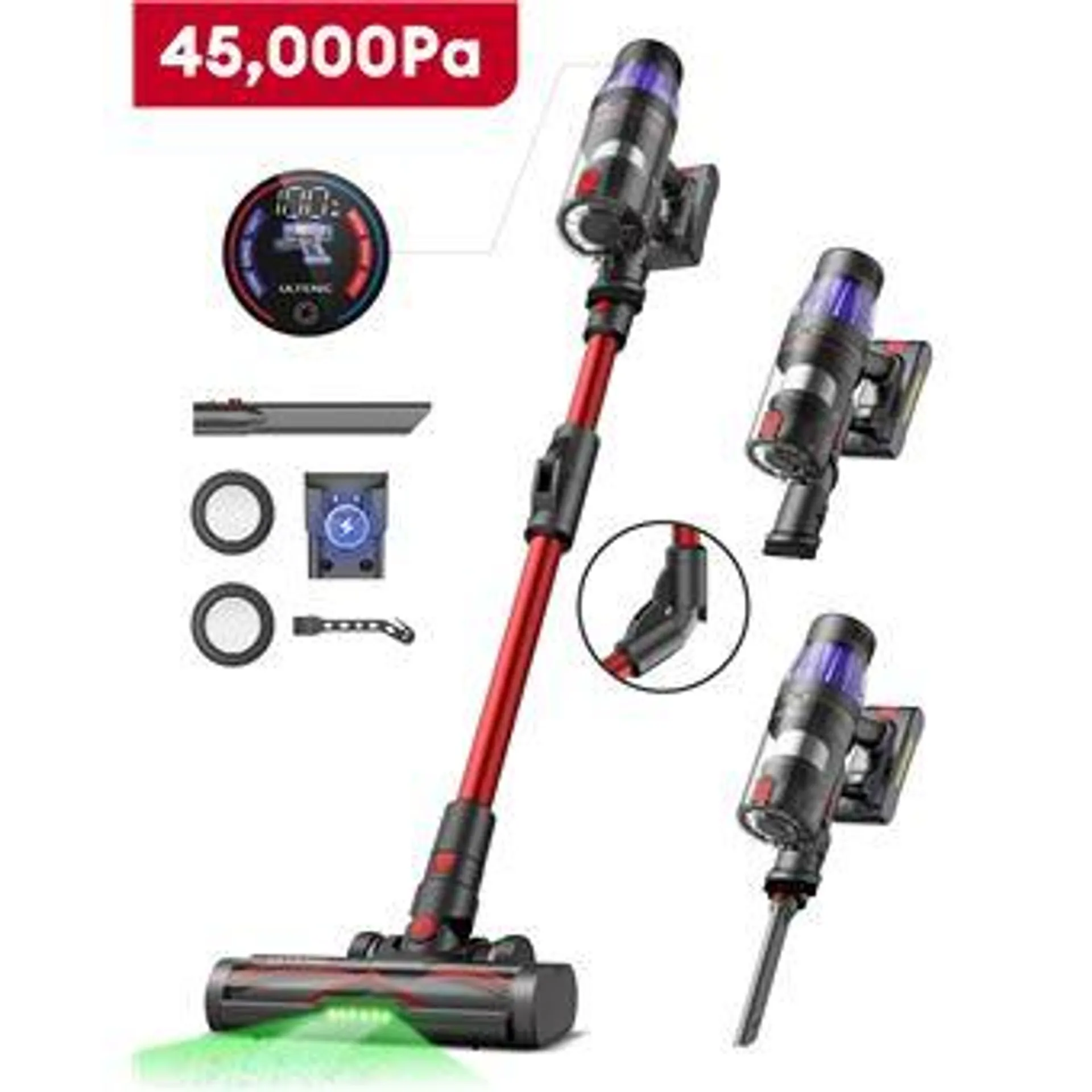 Ultenic U16F - Aspirateur Balai sans Fil - 550W - 45Kpa - Autonomie 60 min - brosse anti-emmêlement - Écran LED - Tube flexible - Gris et Rouge