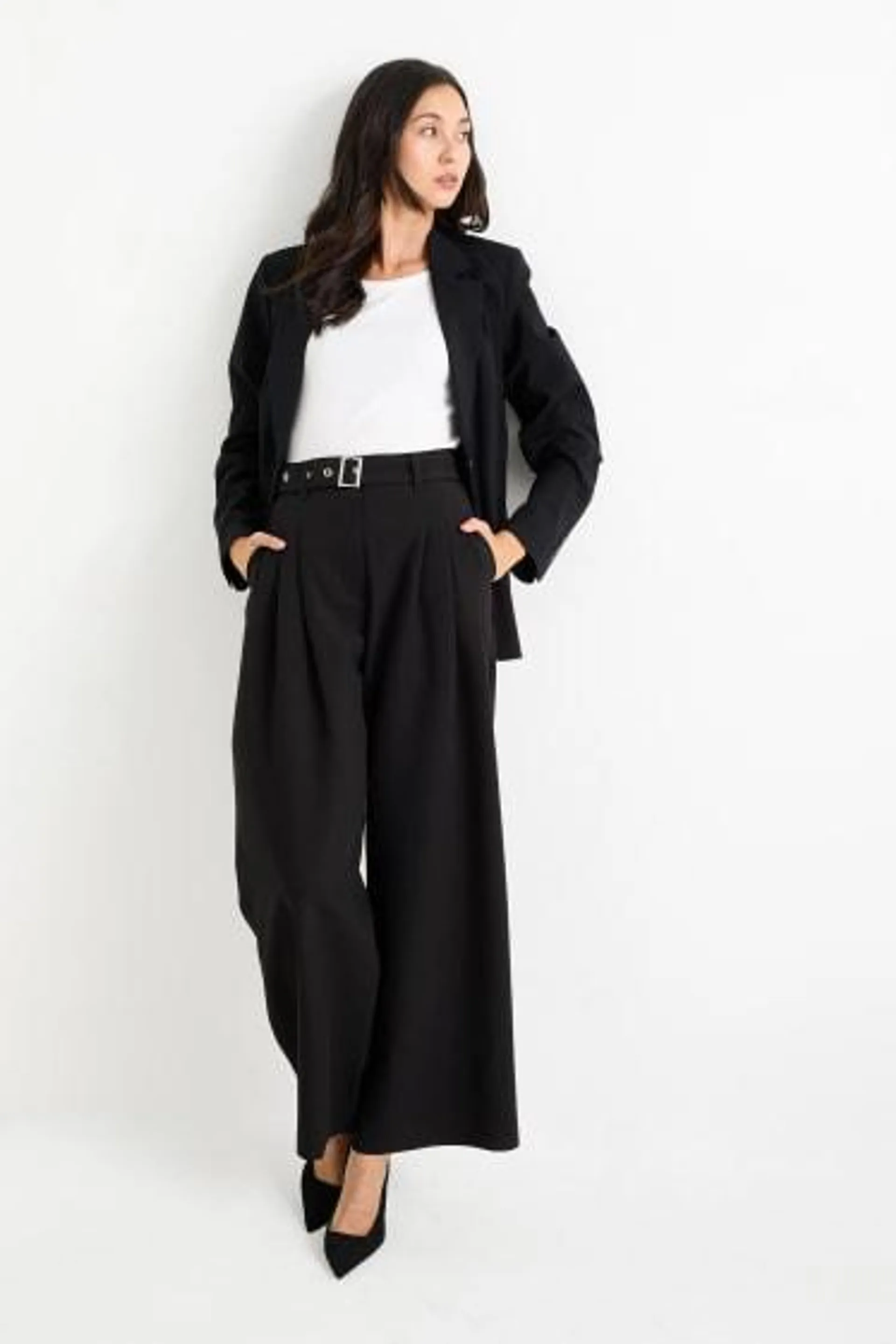 Cloth trousers with belt - high-rise waist - wide leg