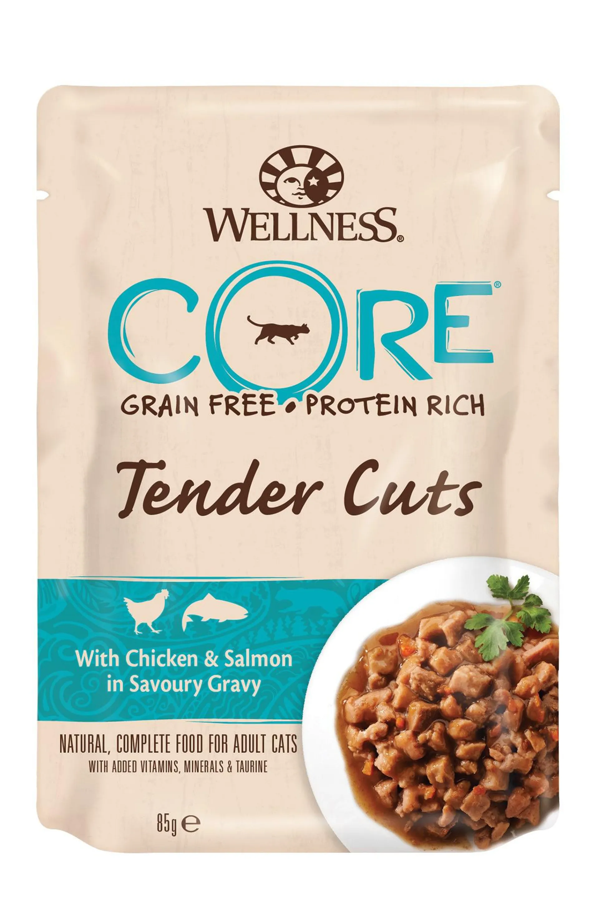 Wellness core grain free tender cuts kip & zalm 85g voor kat