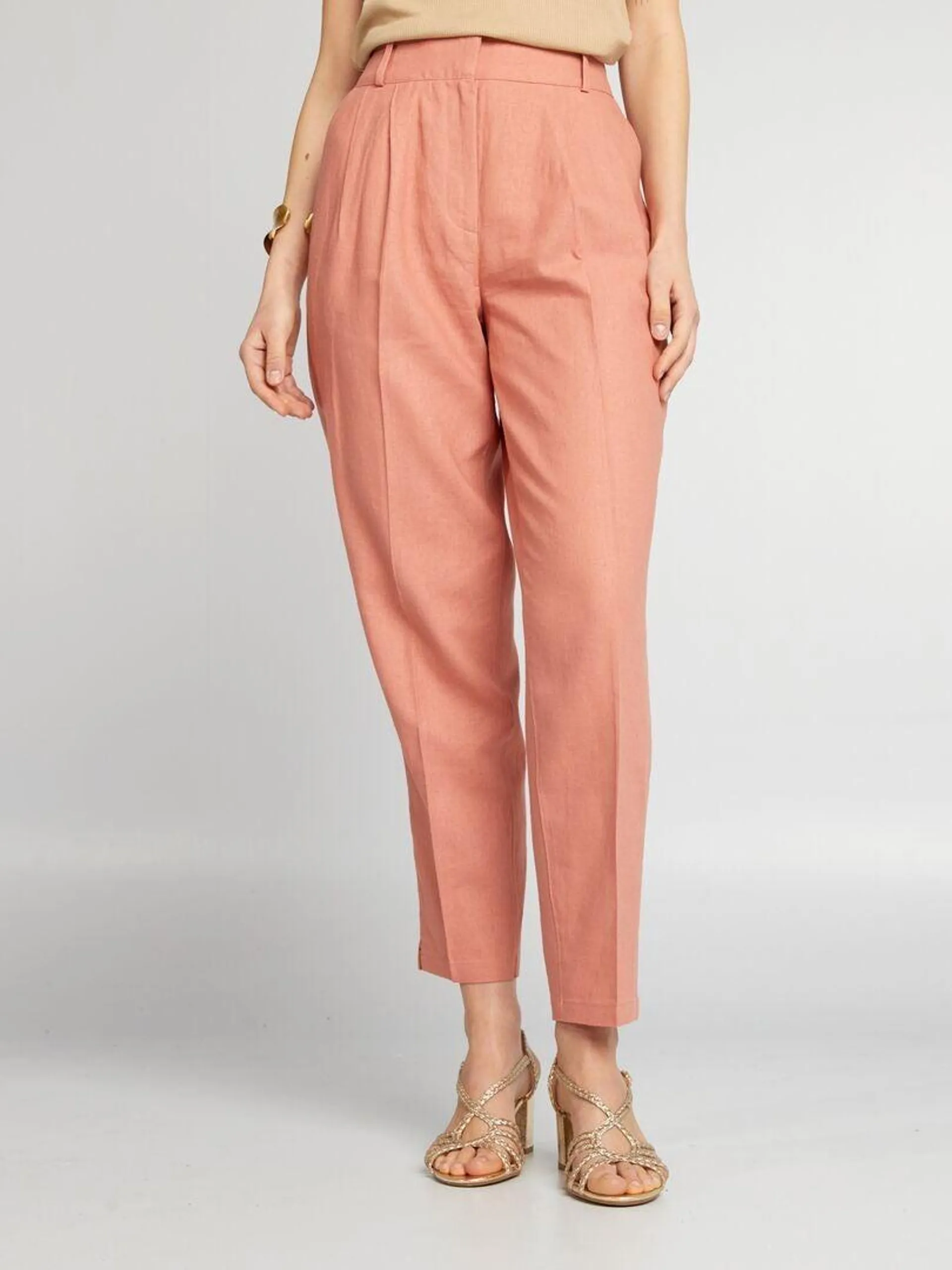 Pantalon cigarette en lin - Vieux rose