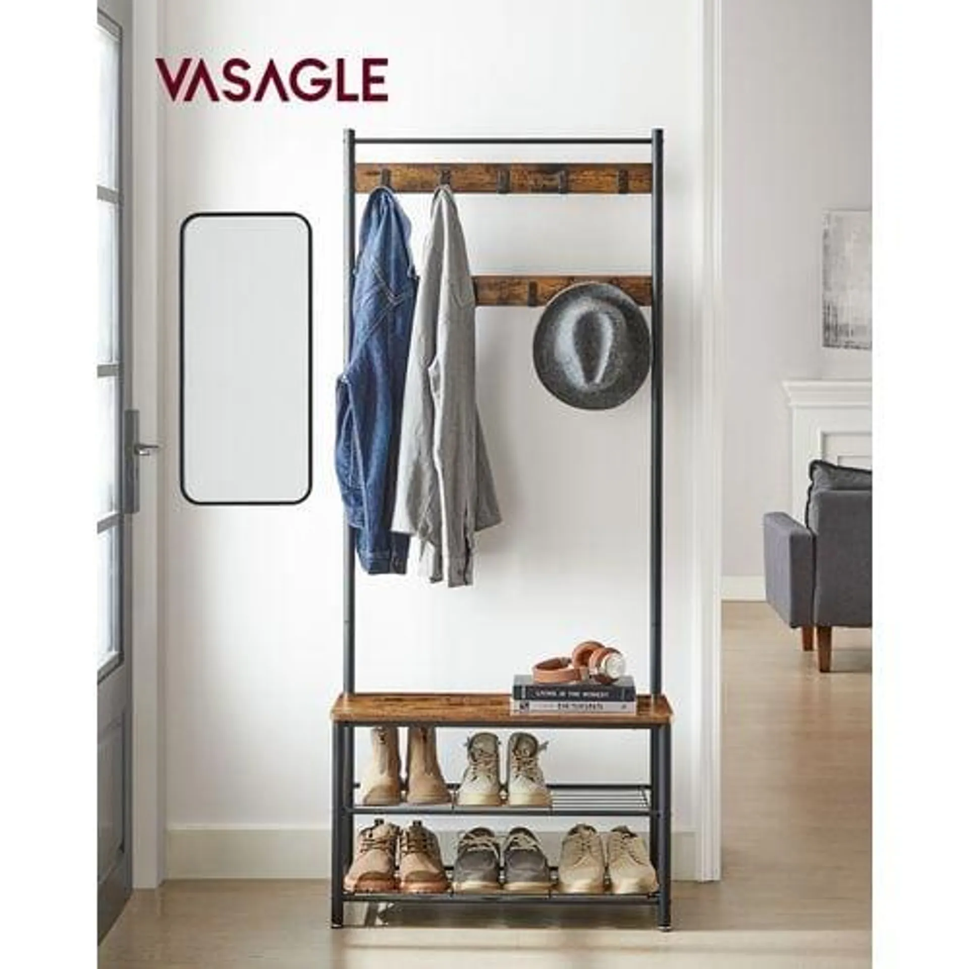 VASAGLE Vestiaire, Avec Étagères à Chaussures Et Crochets, 70 X 32 X 175 Cm