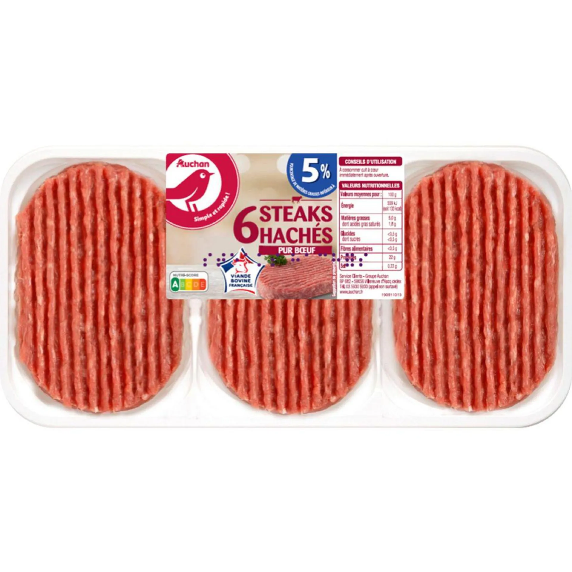 AUCHAN Steaks Hachés Pur Boeuf 5%mg 6 pièces 600g