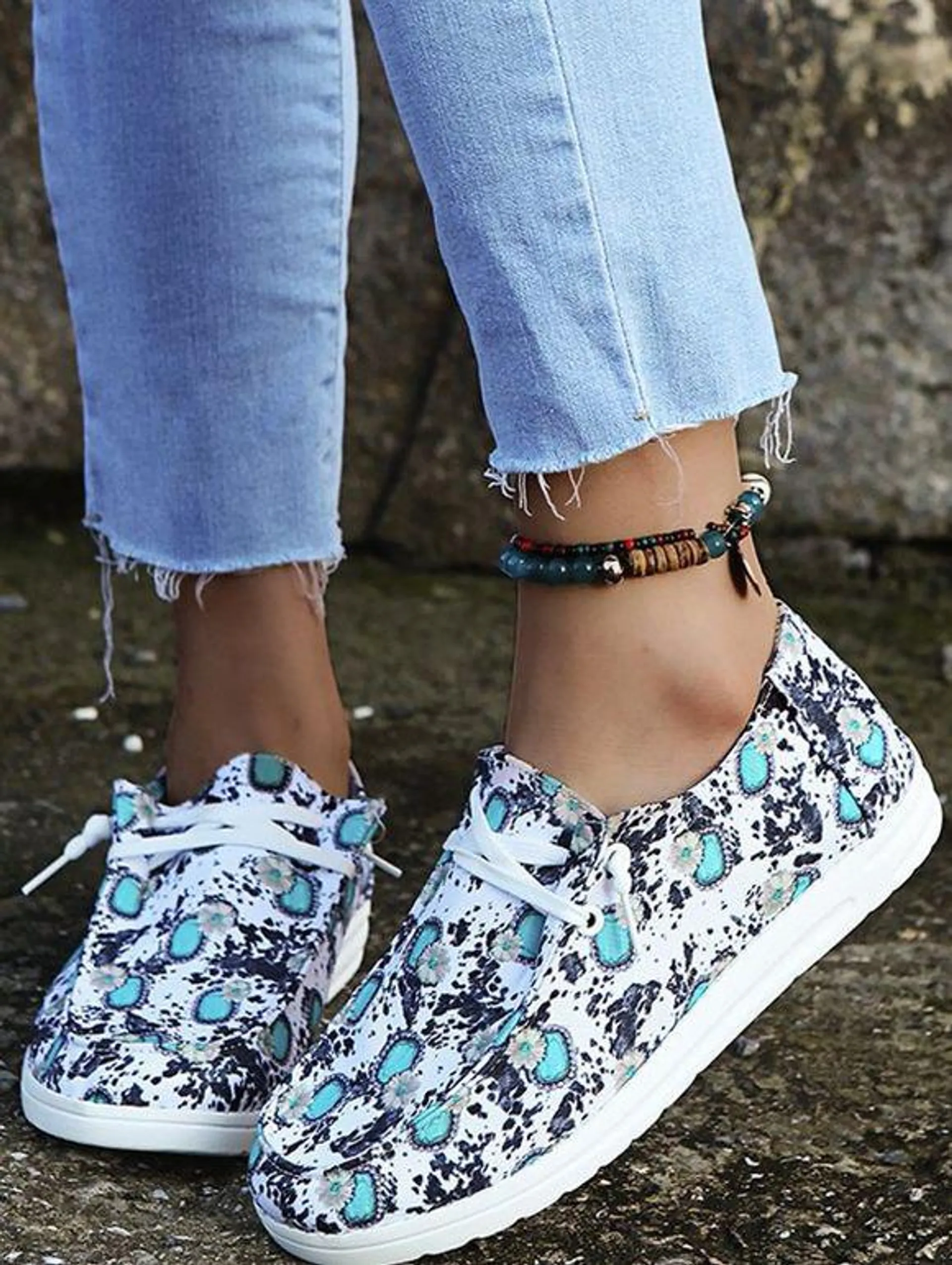 Flower Print Lace Up Slip On Flat Shoes