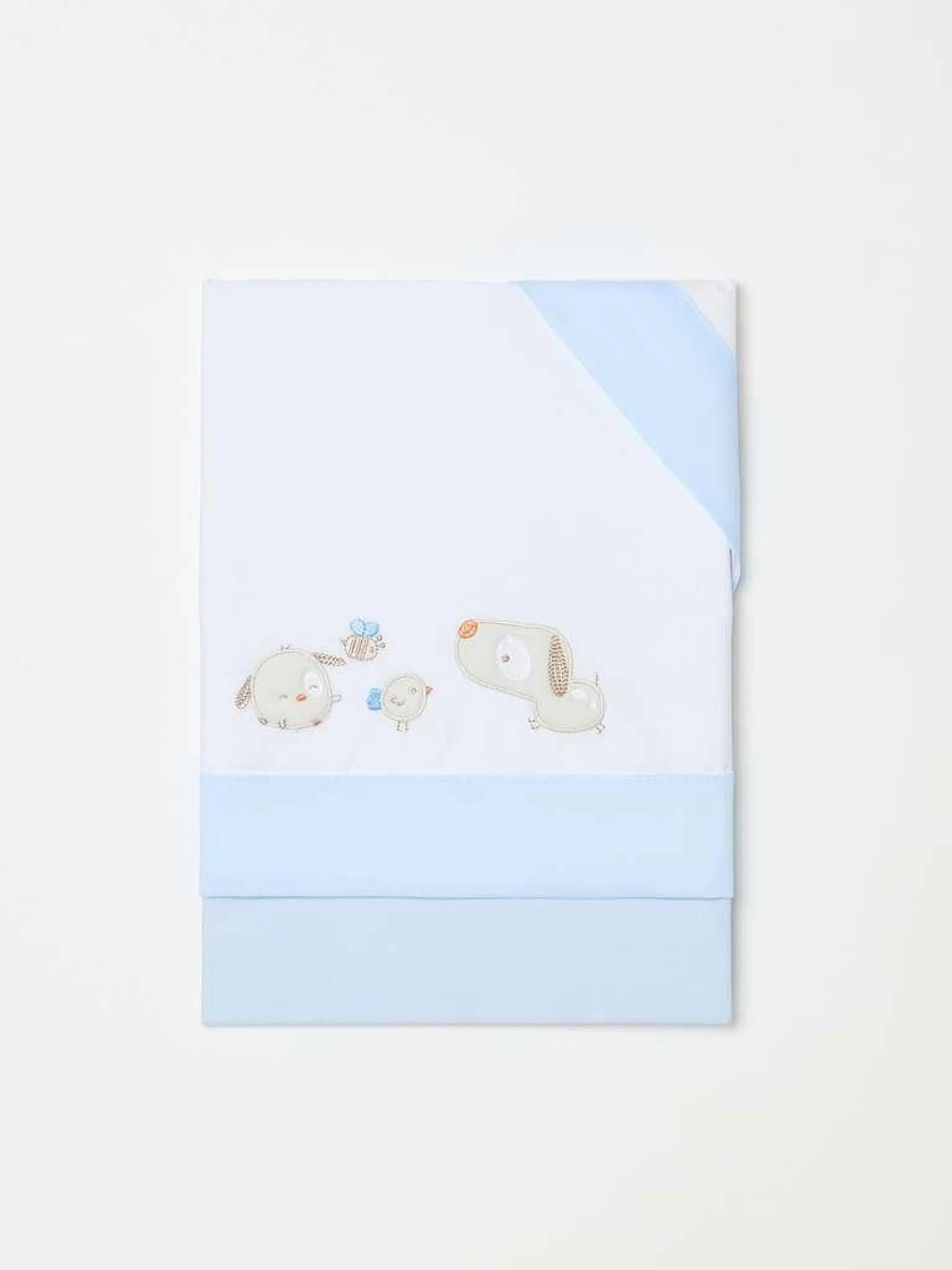 Three-piece crib set in cotton with animal embroidery Blanc/bleu clair