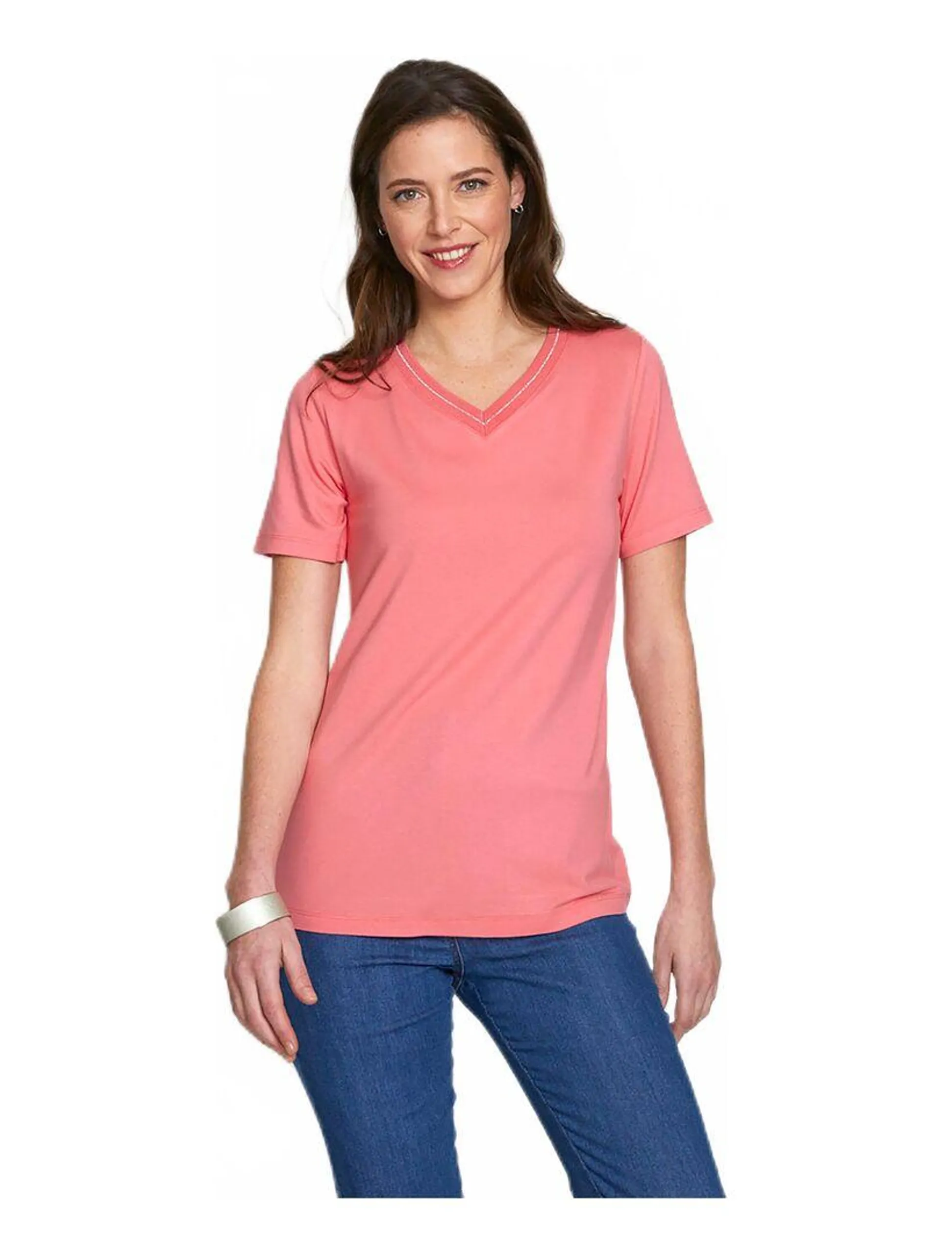 T-shirt jersey col V avec galon irisé - Orange corail