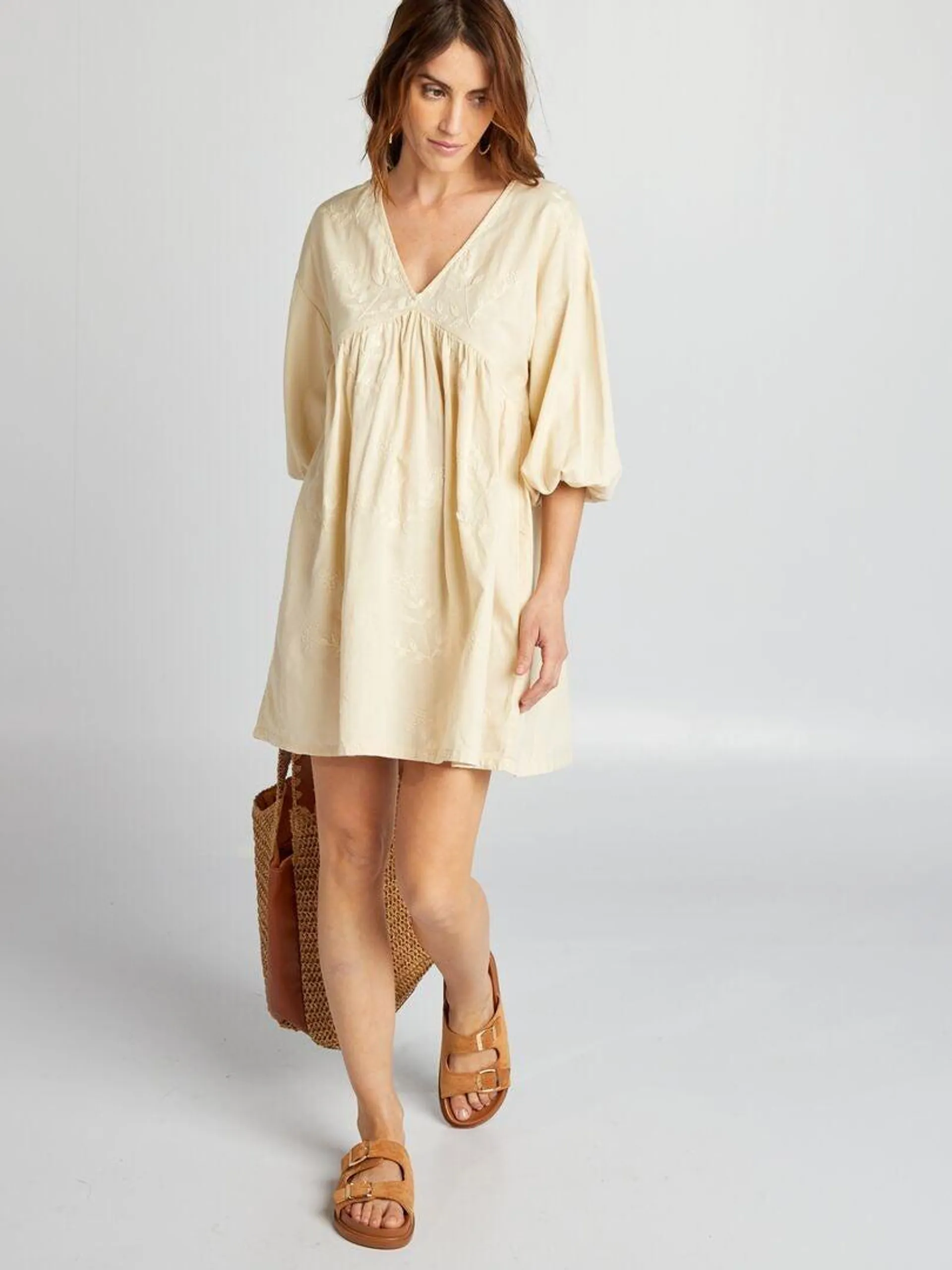 Robe avec motifs brodés lin mélangé - Beige