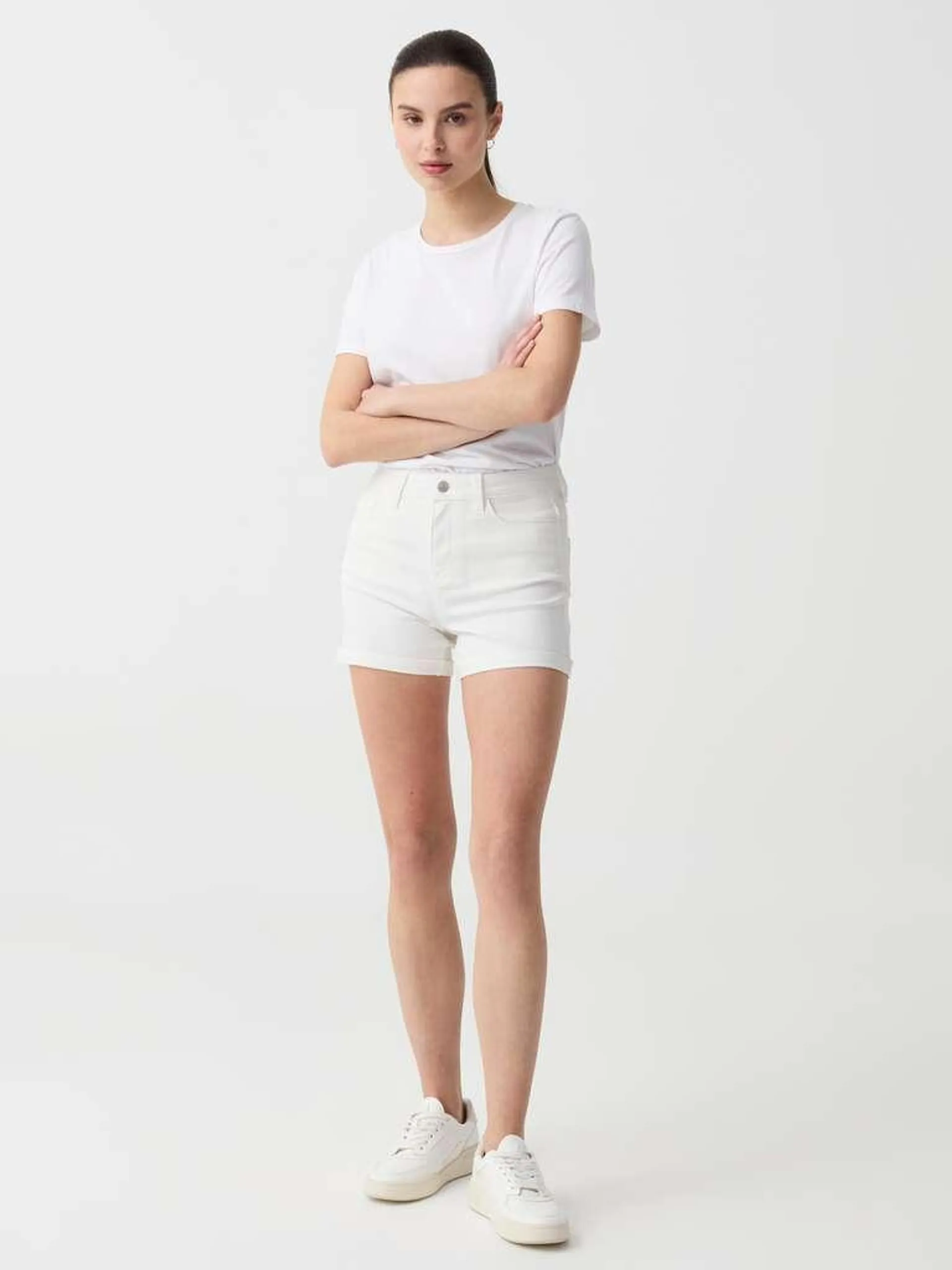 Optical White Denim shorts with turn-ups