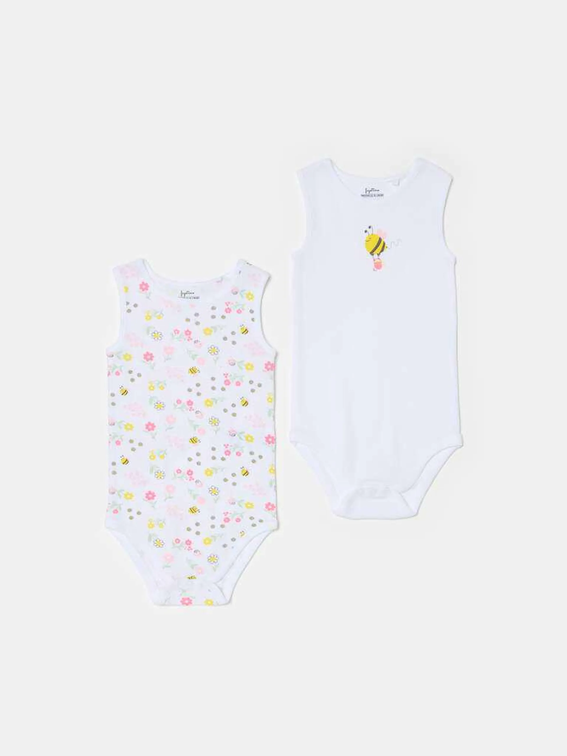 Two-pack sleeveless bodysuits with bees print Blanc optique