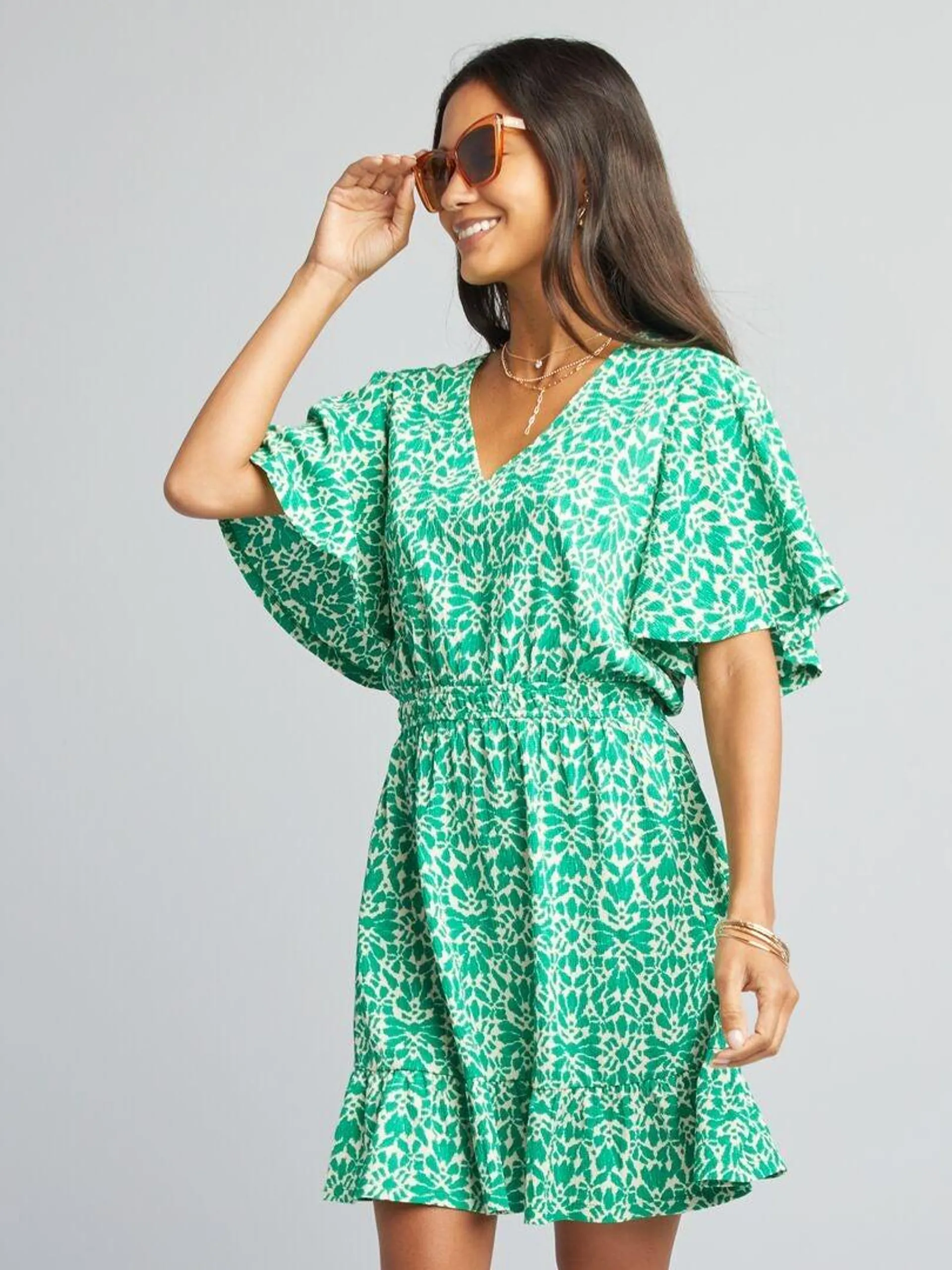 Robe courte imprimée à volant - Vert