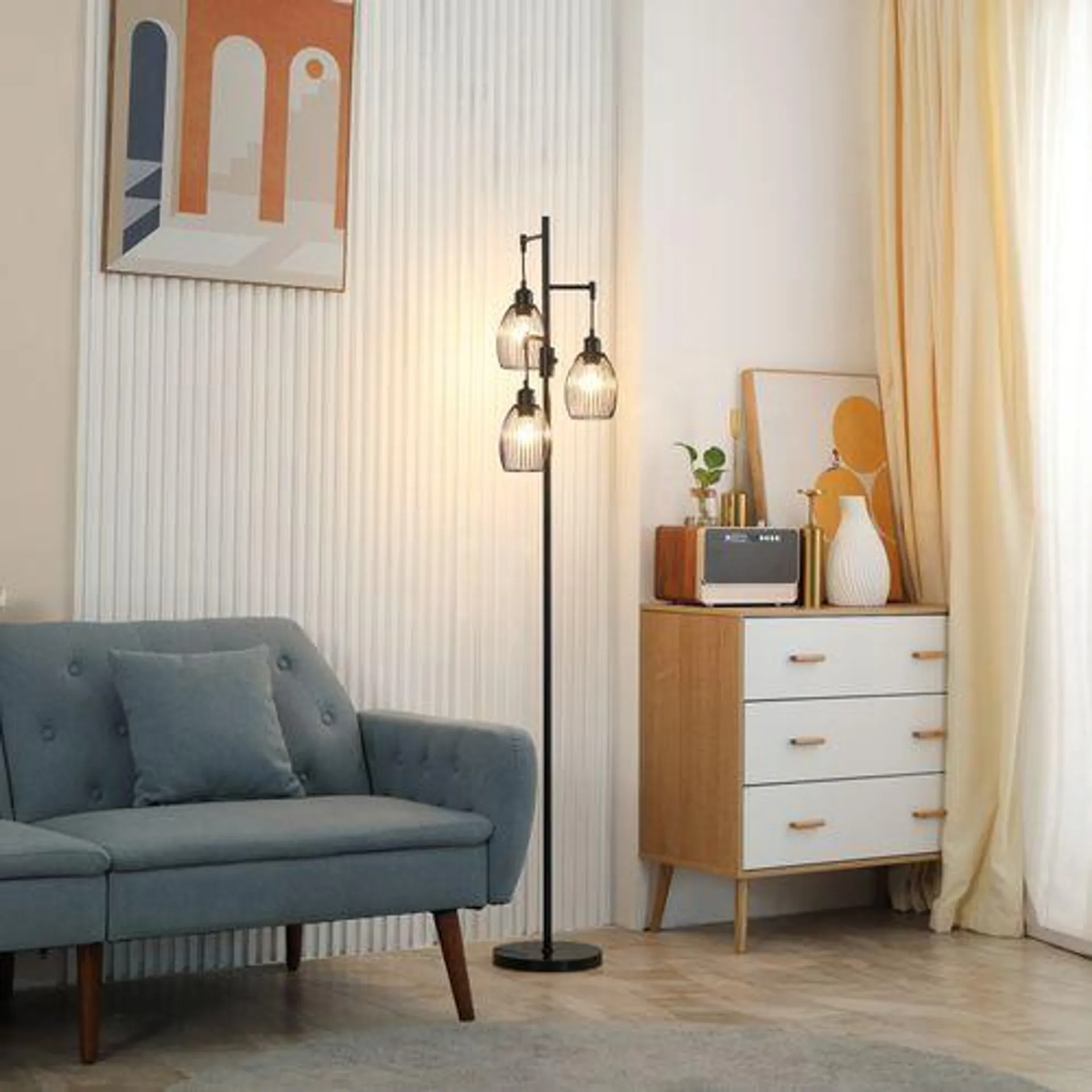 HOMCOM Lampadaire Design Industriel 3 Têtes Métal Filaire Acier - Noir