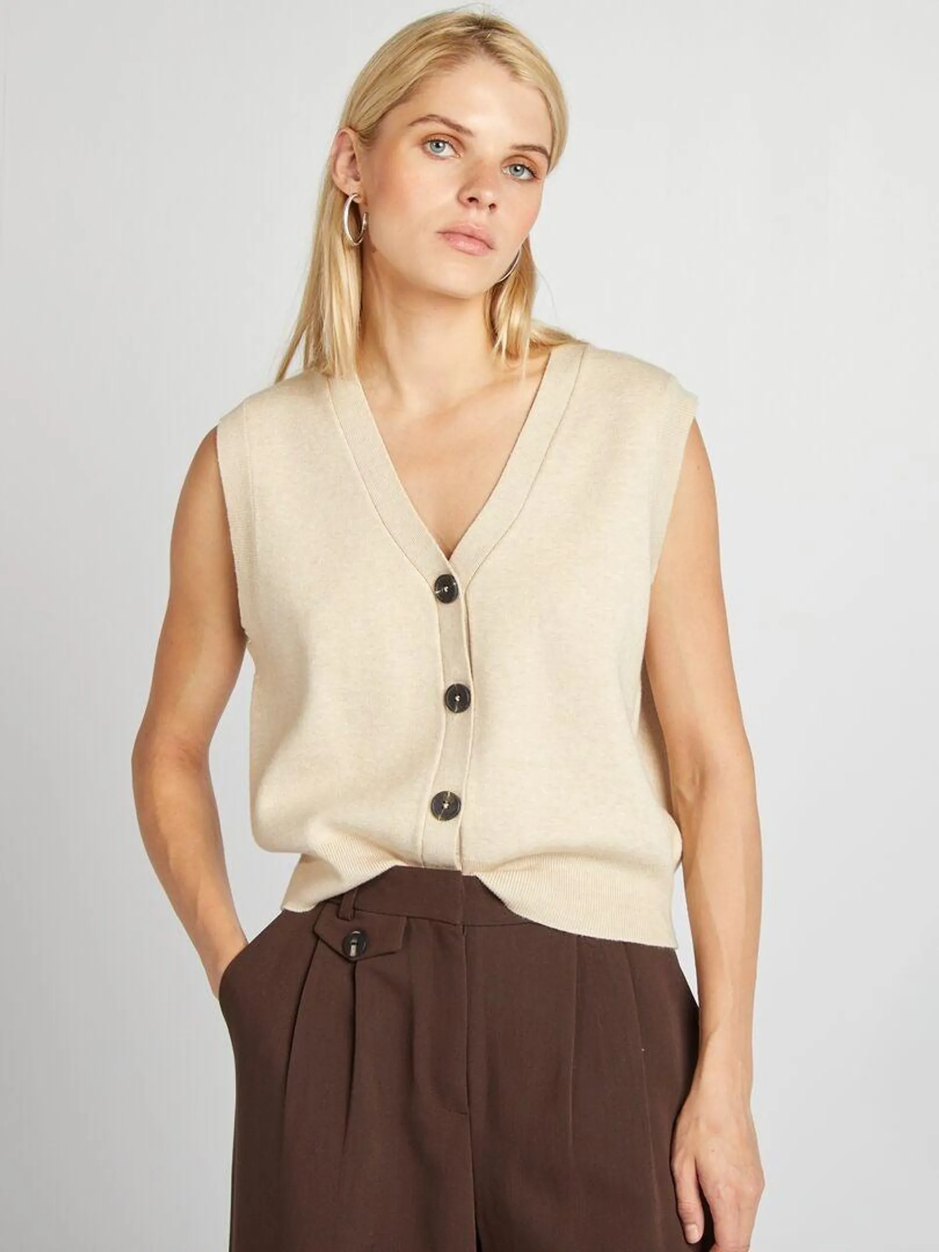 Gilet sans manches avec col V - Beige