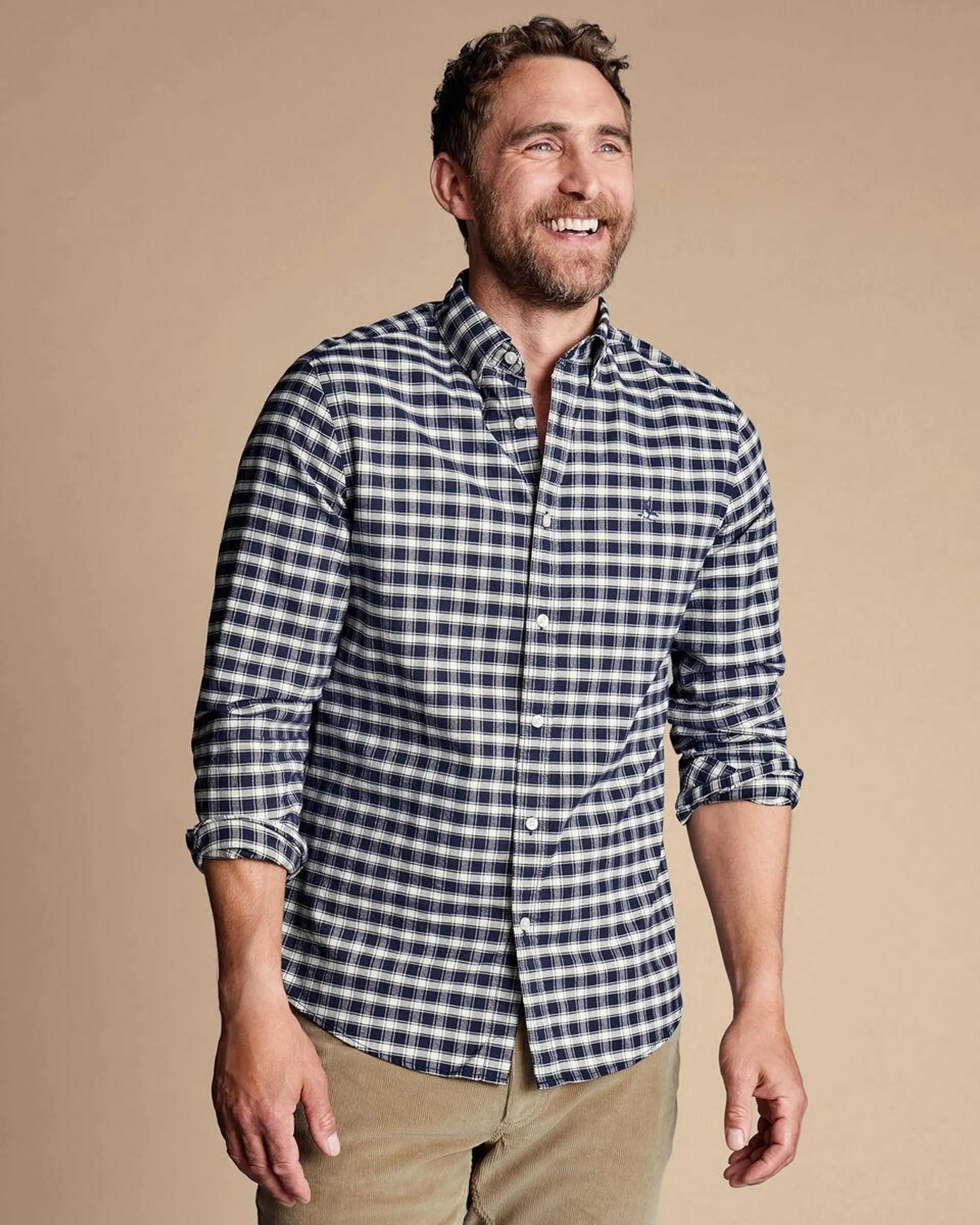 details about product: Button-Down Collar Brushed Washed Oxford Grid Check Shirt - Navy