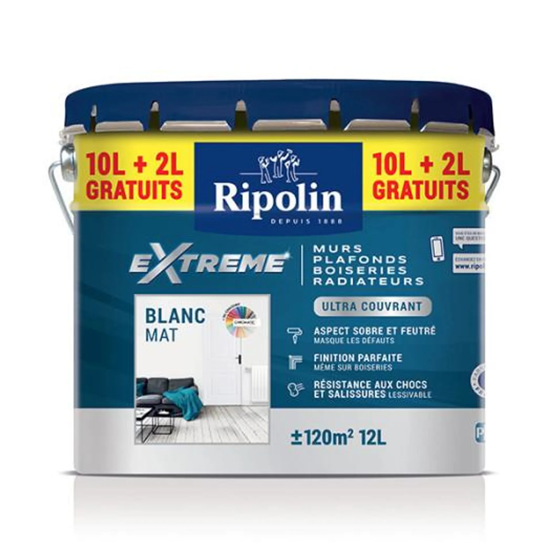 Peinture Ripolin extrême multi-supports murs, plafonds, boiseries et radiateurs blanc mat 12L