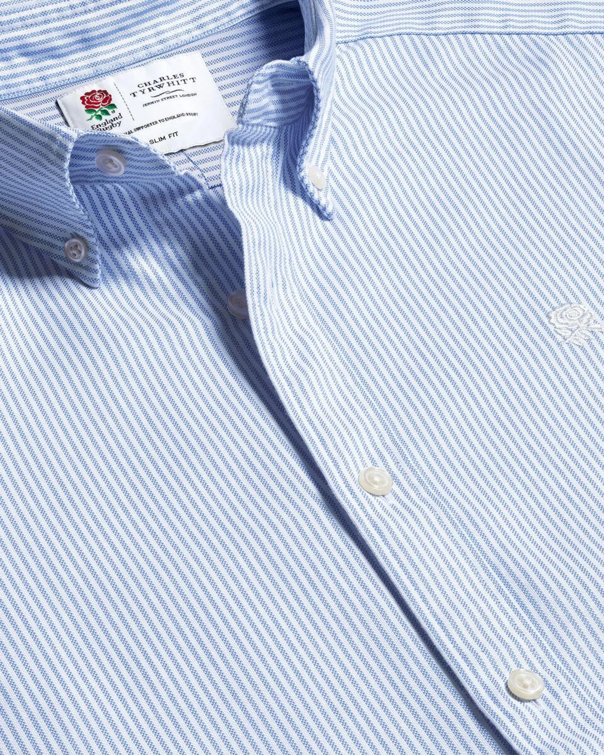 details about product: England Rugby Button-Down Collar Washed Oxford Stripe Shirt - Blue & White