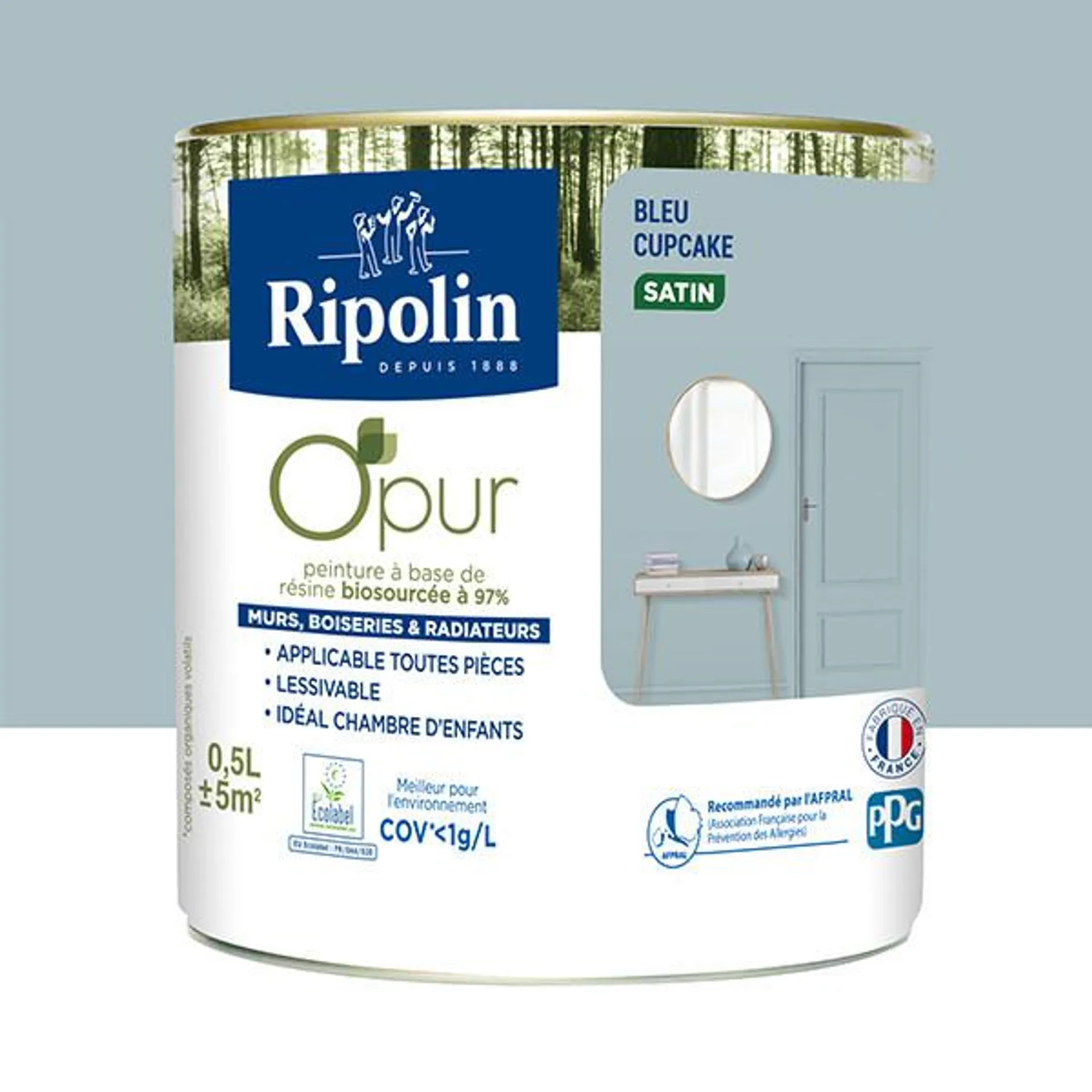 Peinture RIPOLIN Opur bio sourcée multi-supports bleu cupcake satin 0,5L