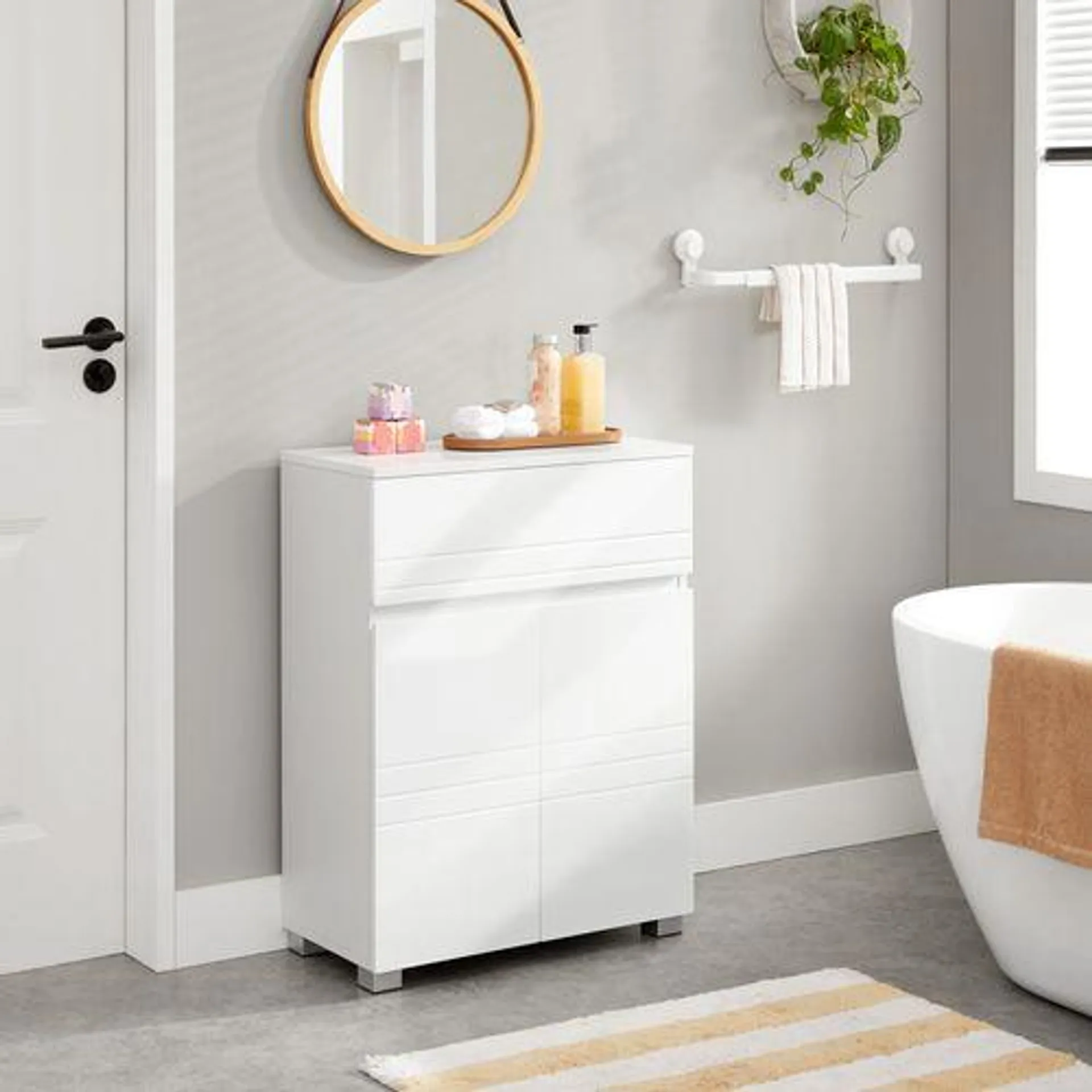 VASAGLE Meuble De Salle De Bain Sur Pied, Avec Tiroir, 2 Portes, 60 X 30 X 80 Cm, Blanc