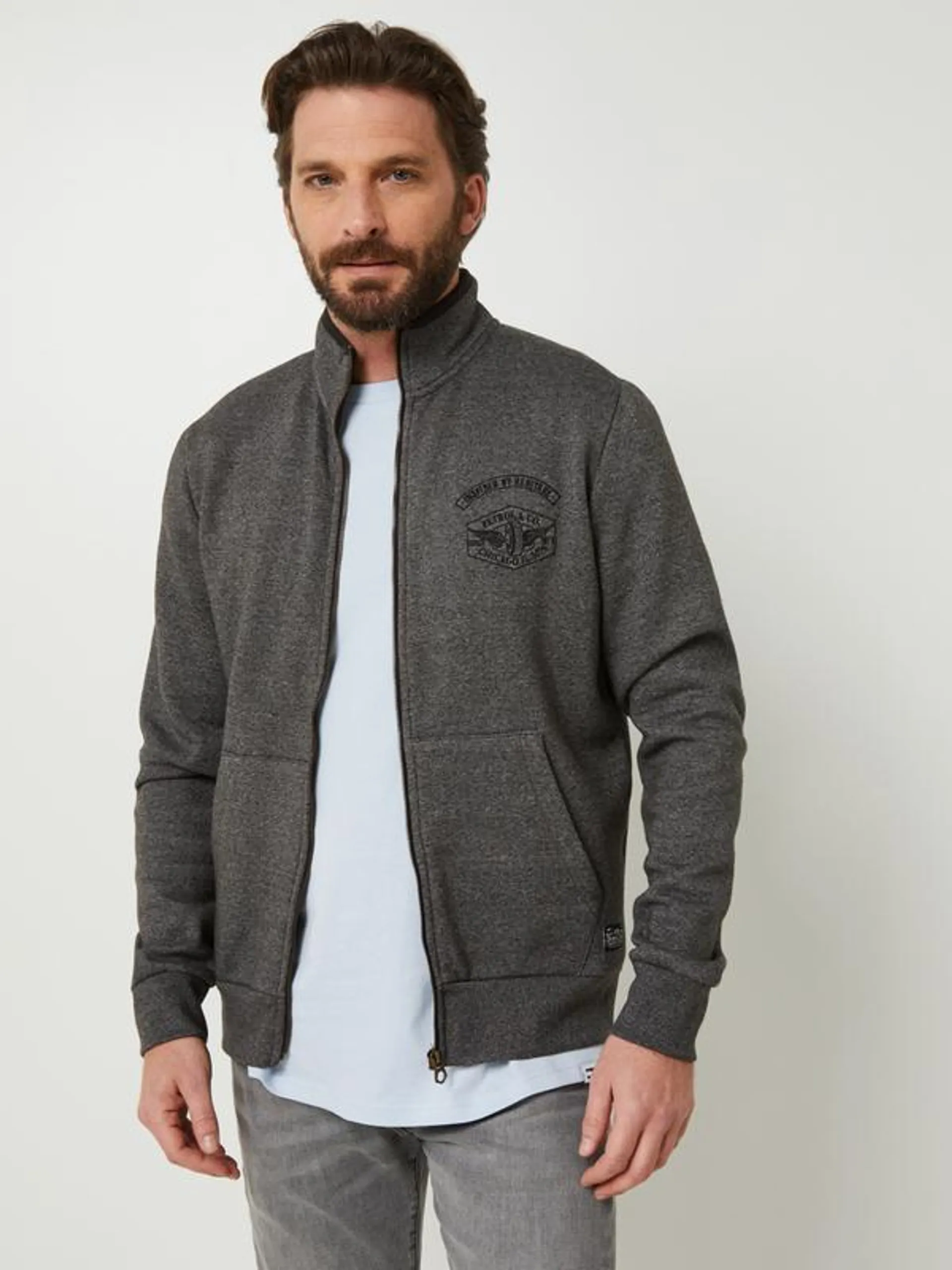 Sweat-shirt Zippé Mouliné, Col Montant - Gris