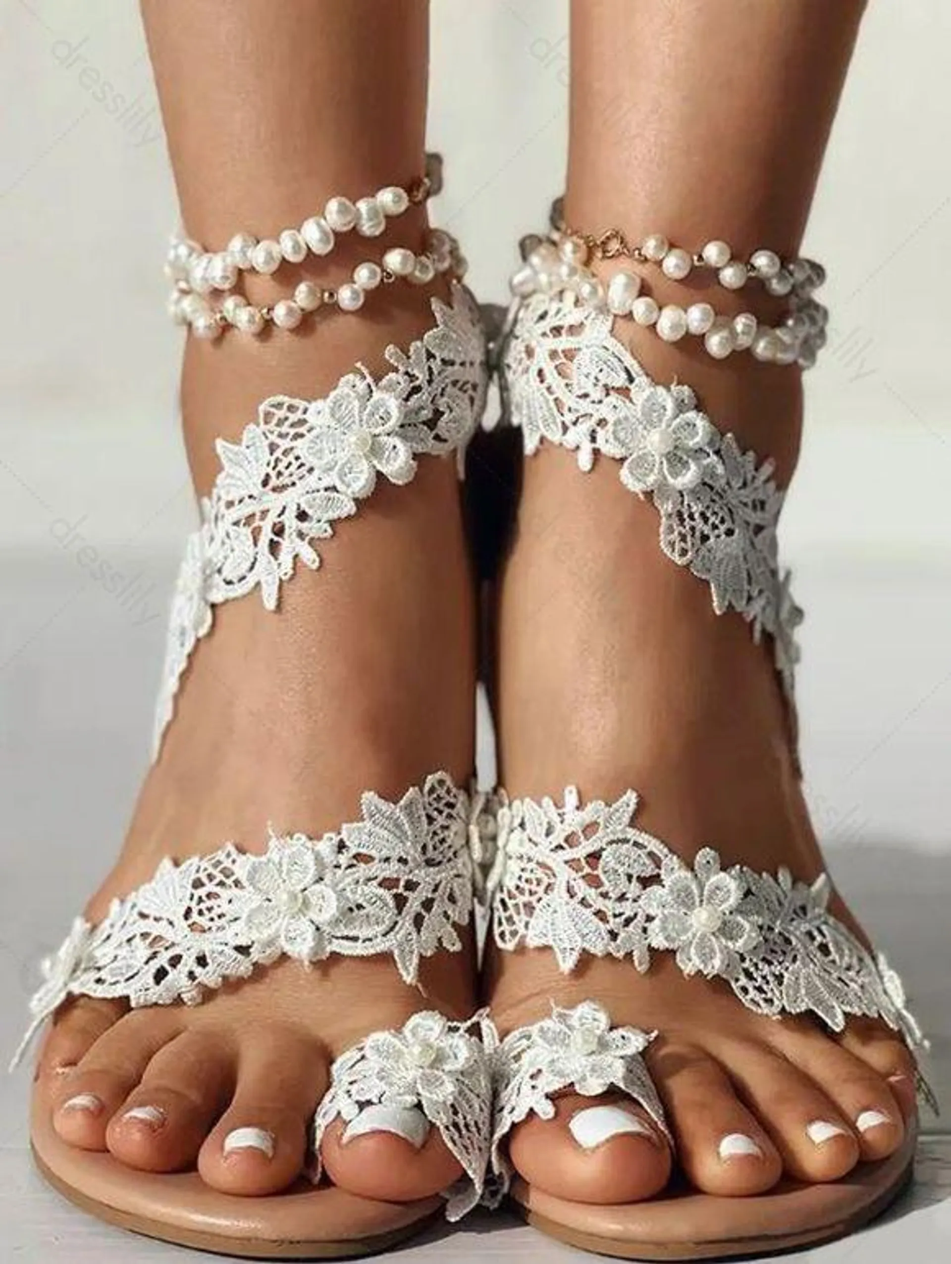 Guipure Lace Toe Ring Beach Vacation Flat Sandals