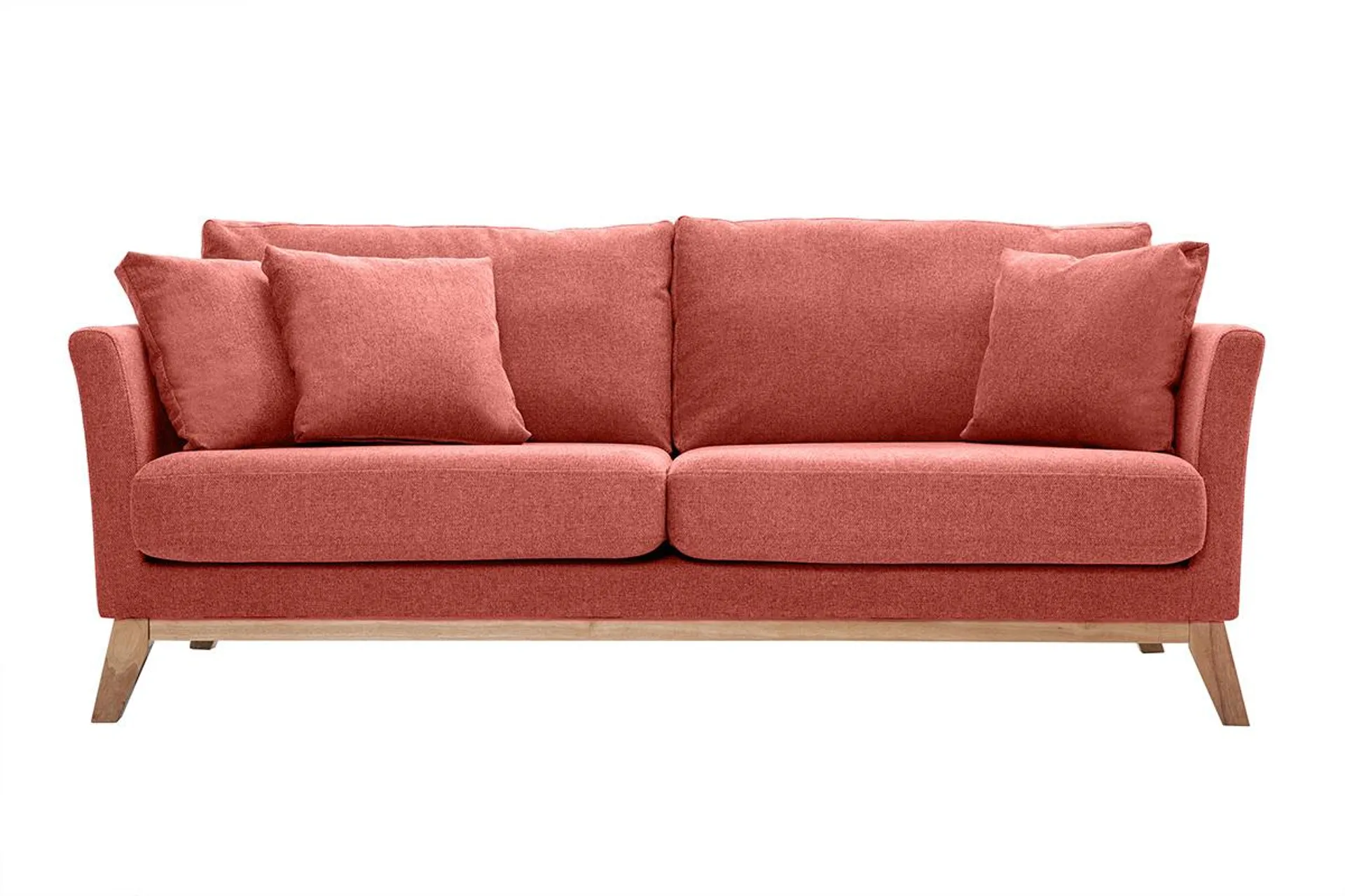 Canapé scandinave déhoussable 3 places en tissu effet velours texturé terracotta et bois clair OSLO