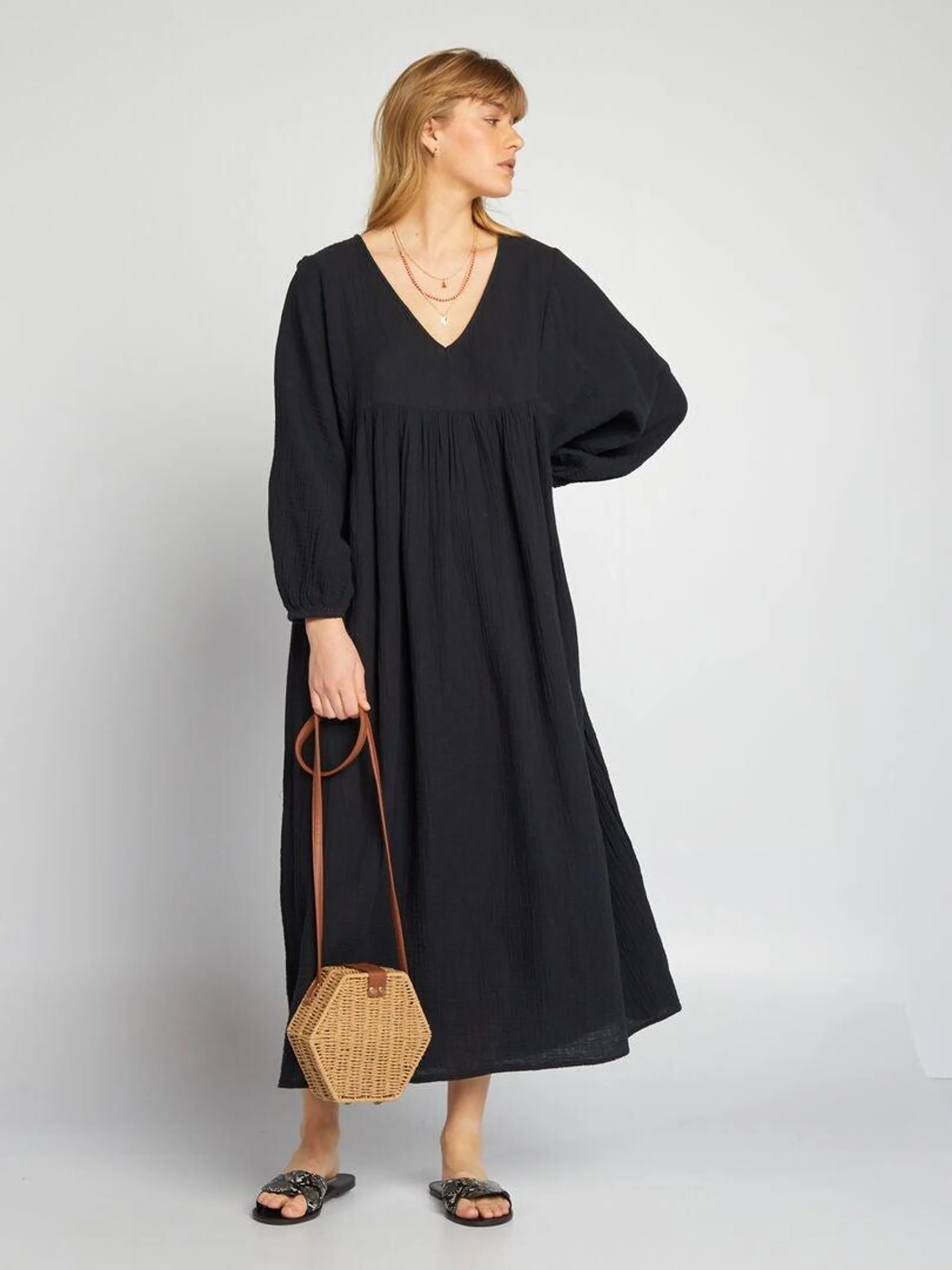 Robe maxi en double gaze de coton - noir